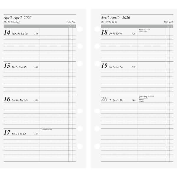 Wochenkalendarium 1 Woche/2 Seiten 9,3x17,2 cm 2026