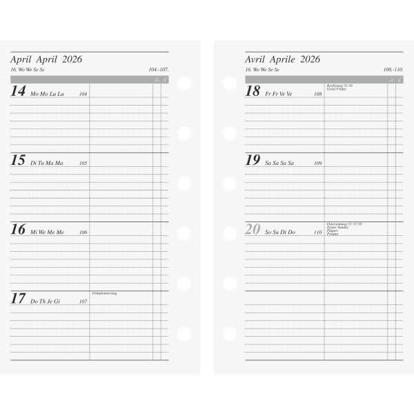 Wochenkalendarium 1 Woche/2 Seiten 7,6x12,7cm 2026