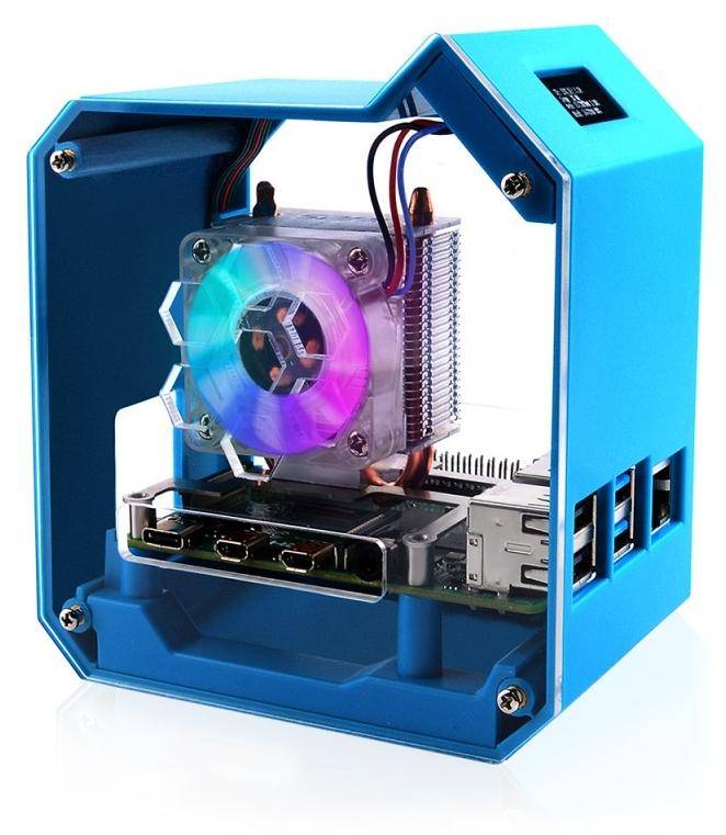 Waveshare Mini Tower Gehäuse Kit für Raspberry Pi 4B, ICE Tower Kühler, OLED Display, RGB-LED