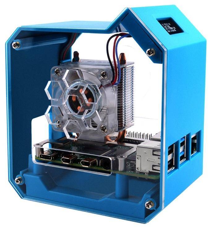 Waveshare Mini Tower Gehäuse Kit für Raspberry Pi 4B, ICE Tower Kühler, OLED Display, RGB-LED