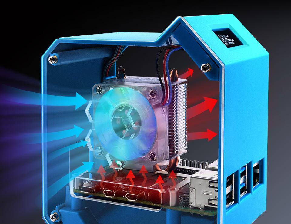 Waveshare Mini Tower Gehäuse Kit für Raspberry Pi 4B, ICE Tower Kühler, OLED Display, RGB-LED