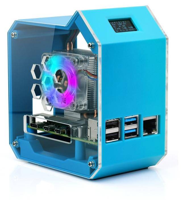 Waveshare Mini Tower Gehäuse Kit für Raspberry Pi 4B, ICE Tower Kühler, OLED Display, RGB-LED