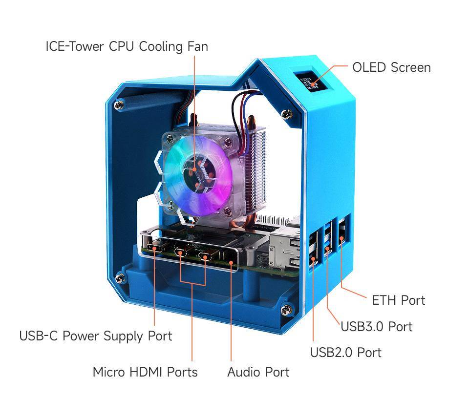 Waveshare Mini Tower Gehäuse Kit für Raspberry Pi 4B, ICE Tower Kühler, OLED Display, RGB-LED