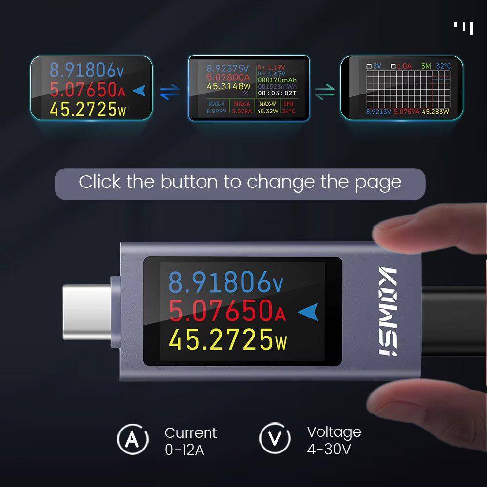 USB Tester KWS-2303C für USB-C, 4-30V, 12A, OLED Display, Metallgehäuse