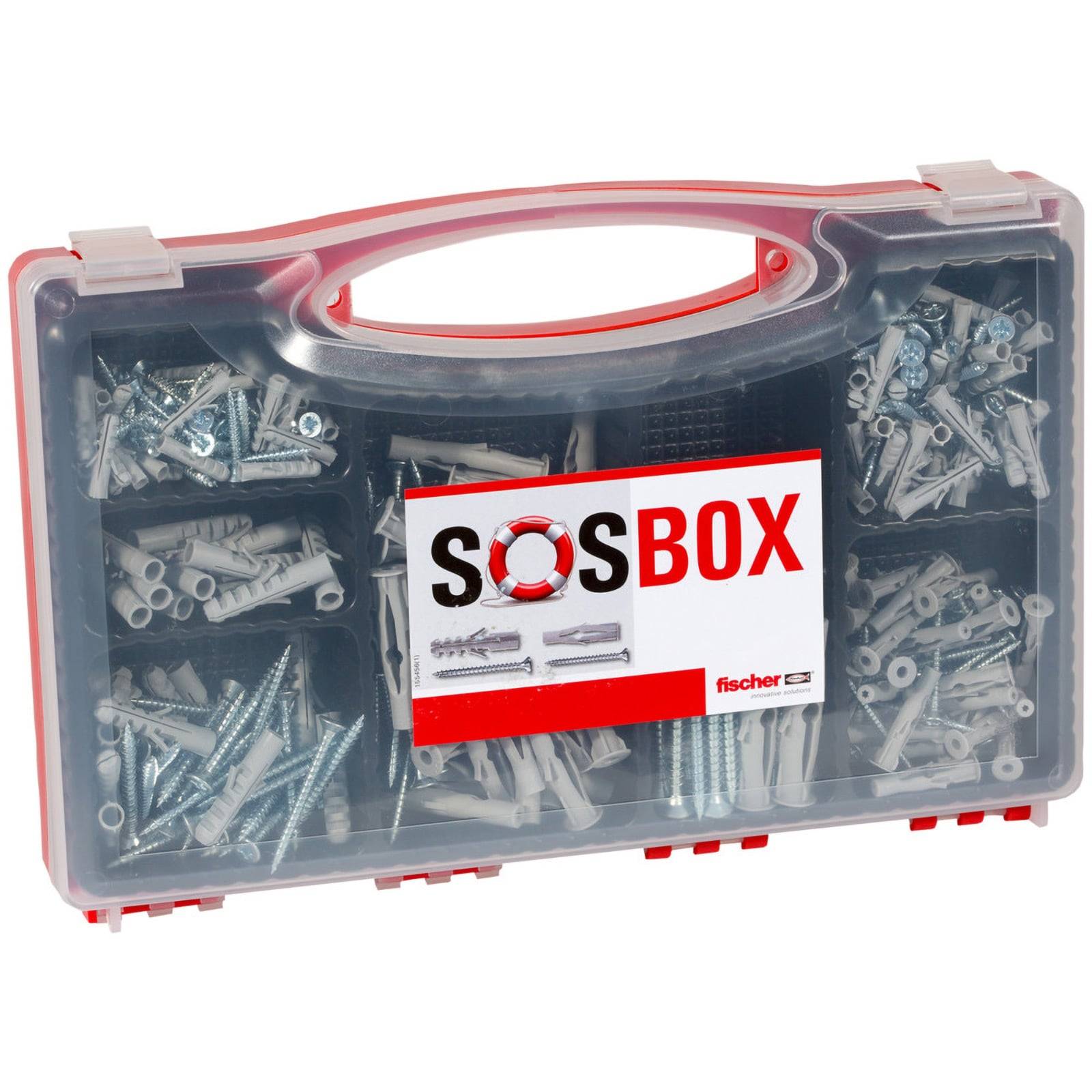 Eine transparente Kunststoffbox mit gemischten Schrauben und Dübeln, beschriftet mit 