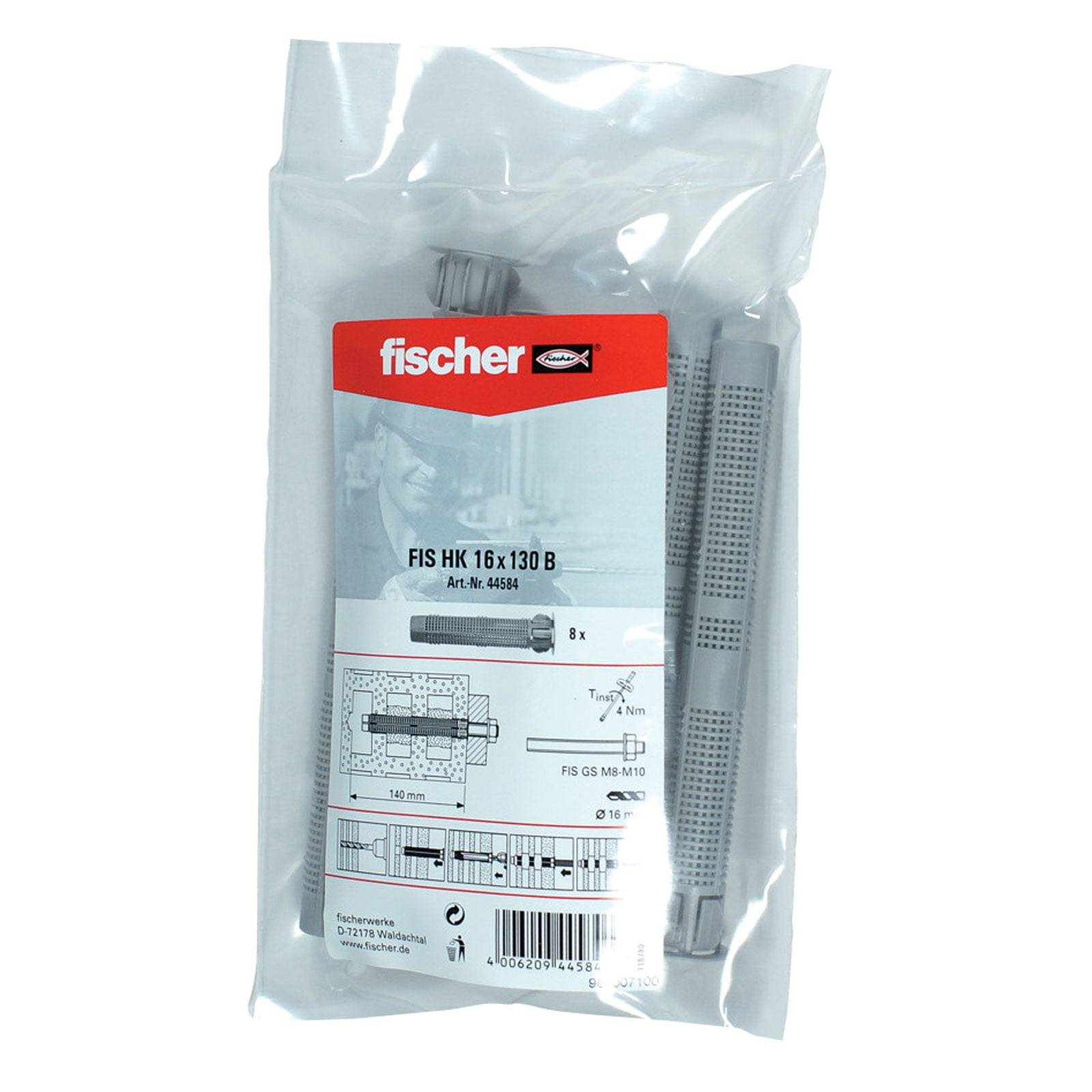 Eine transparente Plastikverpackung, die Fischer-Wandbefestigungskomponenten enthält, mit einer illustrierten Etikette, die Produktspezifikationen und Installationsanleitung zeigt.