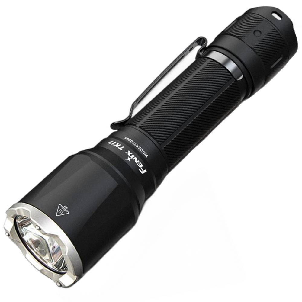Taktische Taschenlampe Black Fenix TK12 mit Clip, gezeigt auf weißem Hintergrund.