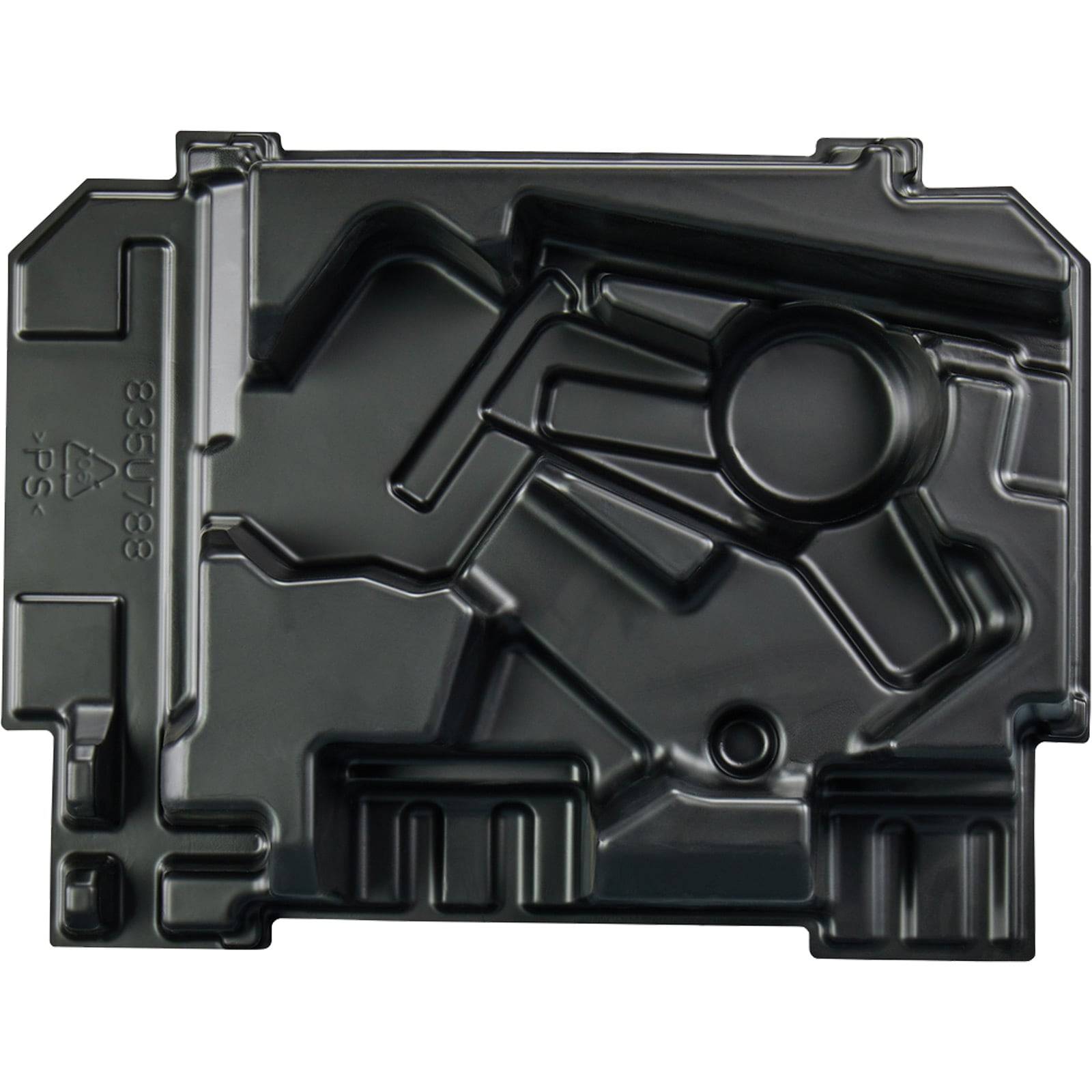 Ein schwarzes, industrielles Plastikbehältnis mit mehreren Fächern und Rillen, das zum Verpacken oder Organisieren von Kleinteilen konzipiert ist.