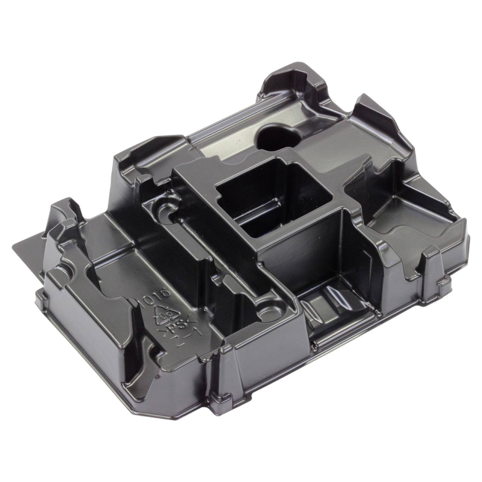 Ein schwarzes Kunststoffbehältnis, das speziell entwickelt wurde, um kleine Teile oder elektronische Komponenten sicher zu halten und zu organisieren, mit verschiedenen Fächern und Schlitzen.