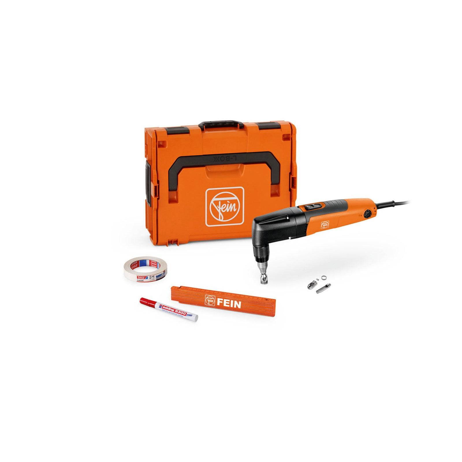 Fein Multitool-Set, enthält einen orangefarbenen Koffer, ein Multitool, Aufsätze und Zubehör zum Schneiden und Schleifen.