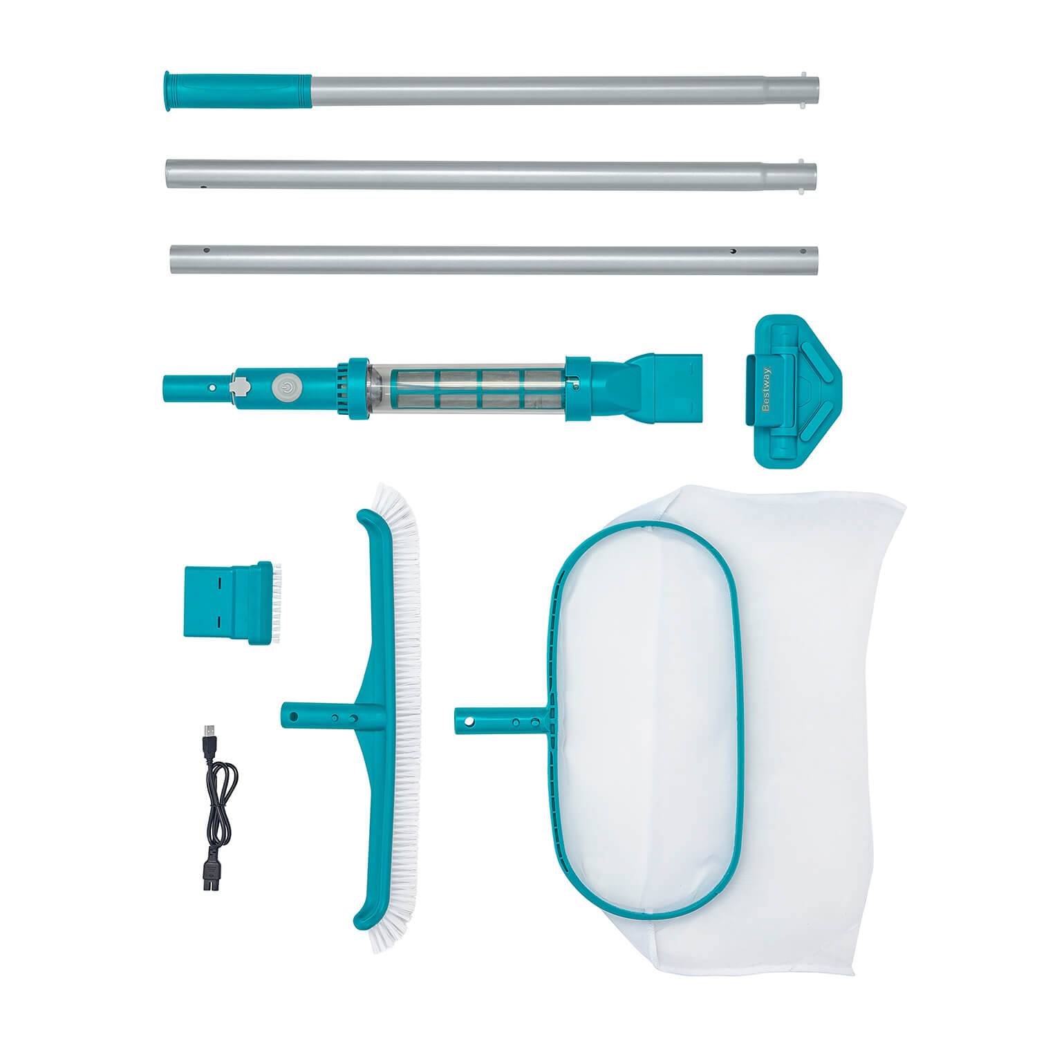 Bestway 58831 - Poolpflege-Set AquaSurge mit akkubetriebenem Poolsauger, Kescher und Poolbürste für Poolgrößen bis 610 cm