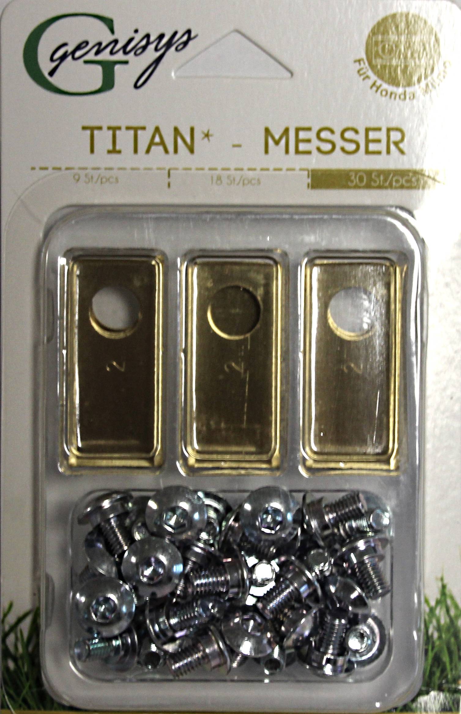 Genisys 9 Titan Ersatz Messer Klingen kompatibel mit Honda Miimo (LongLife - 0,5mm) NEU + 9 Schrauben [DIN EN 50636 geprüft],18,Stück