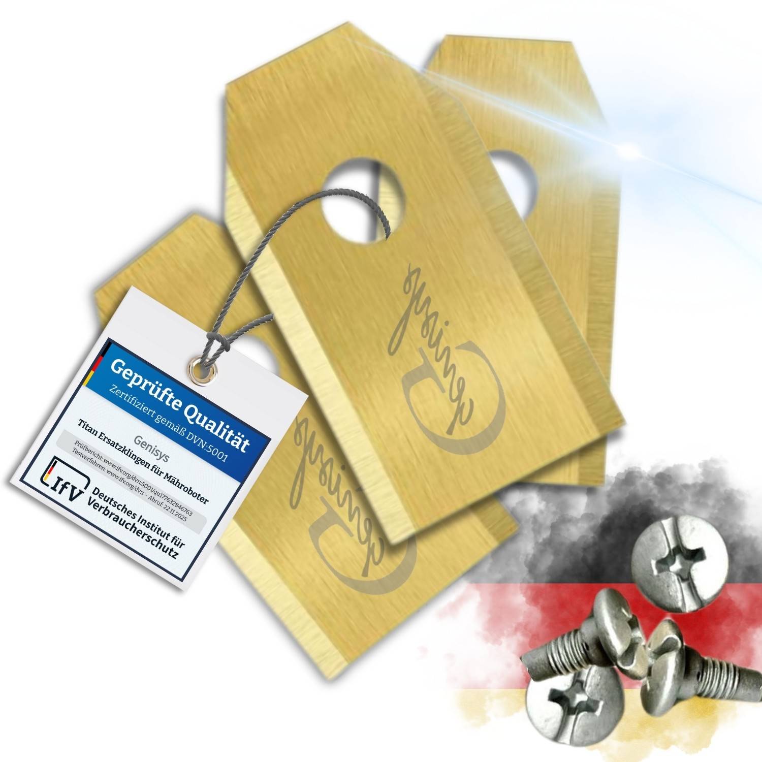 Drei goldene Scharniere mit Haken auf rotem und schwarzem deutschem Flaggenhintergrund. Ein Etikett trägt die Aufschrift „Geprüfte Qualität