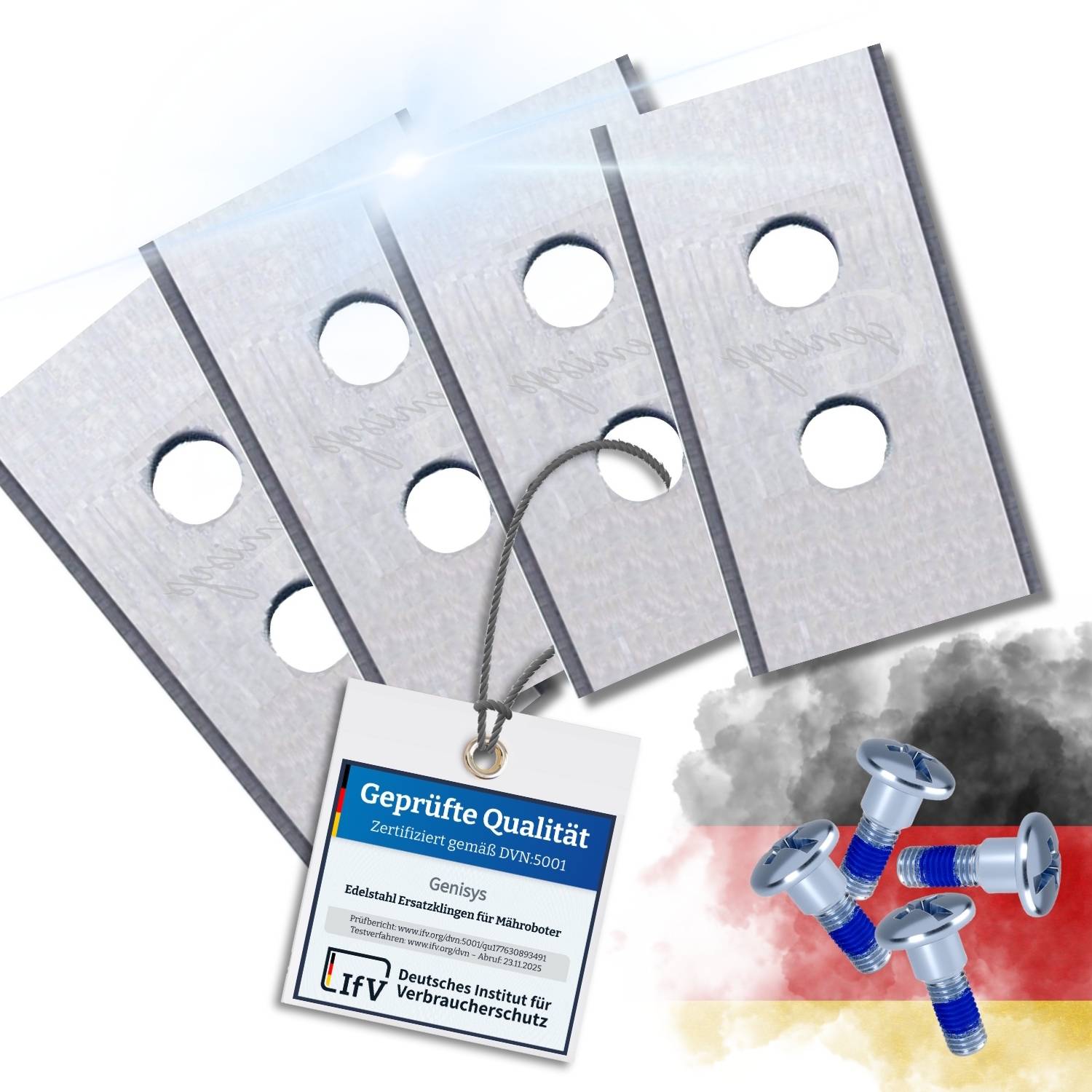 Vier Metallplatten mit kreisförmigen Löchern, ein Qualitätszertifikat vom 'Deutschen Institut für Verbraucherschutz' und vier blaue Schrauben.