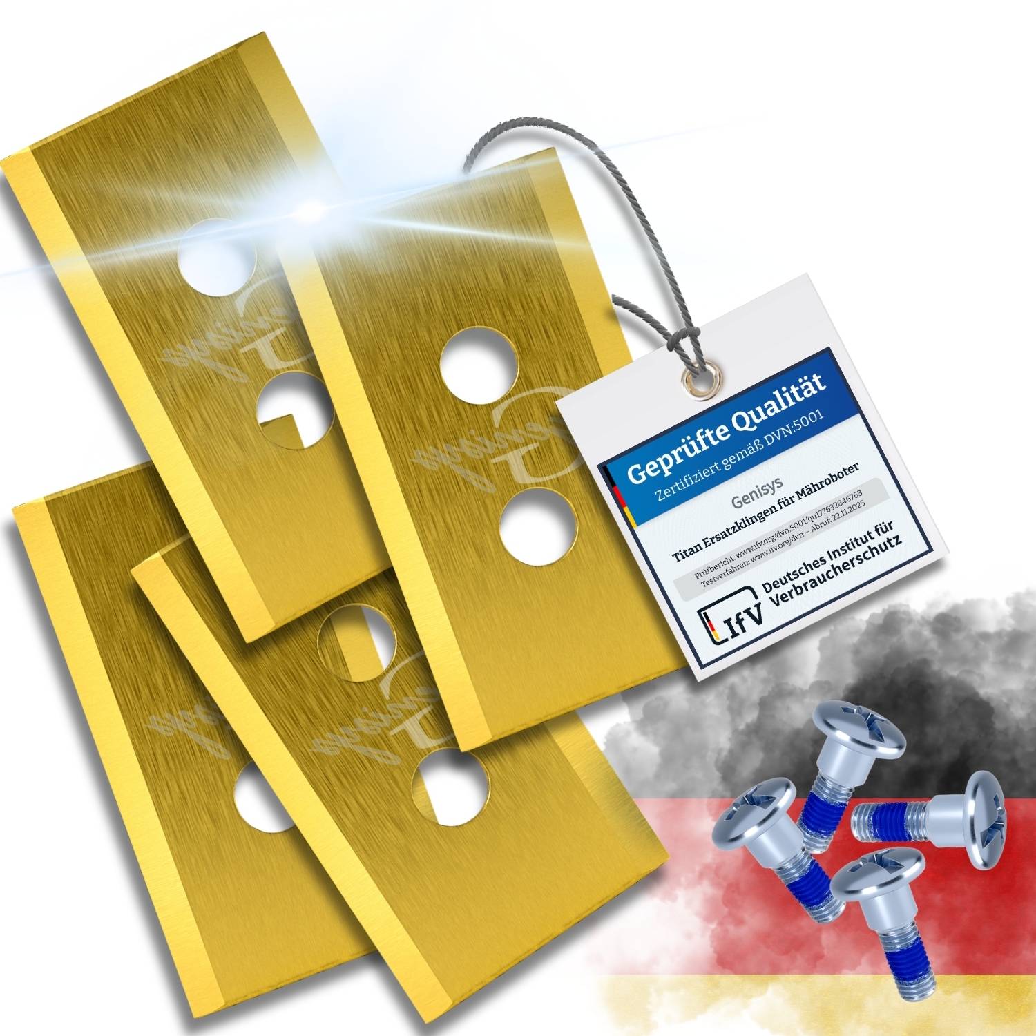 Vier goldene rechteckige Klingen mit runden Löchern in Kreuzform angeordnet; ein Etikett mit der Aufschrift „Geprüfte Qualität