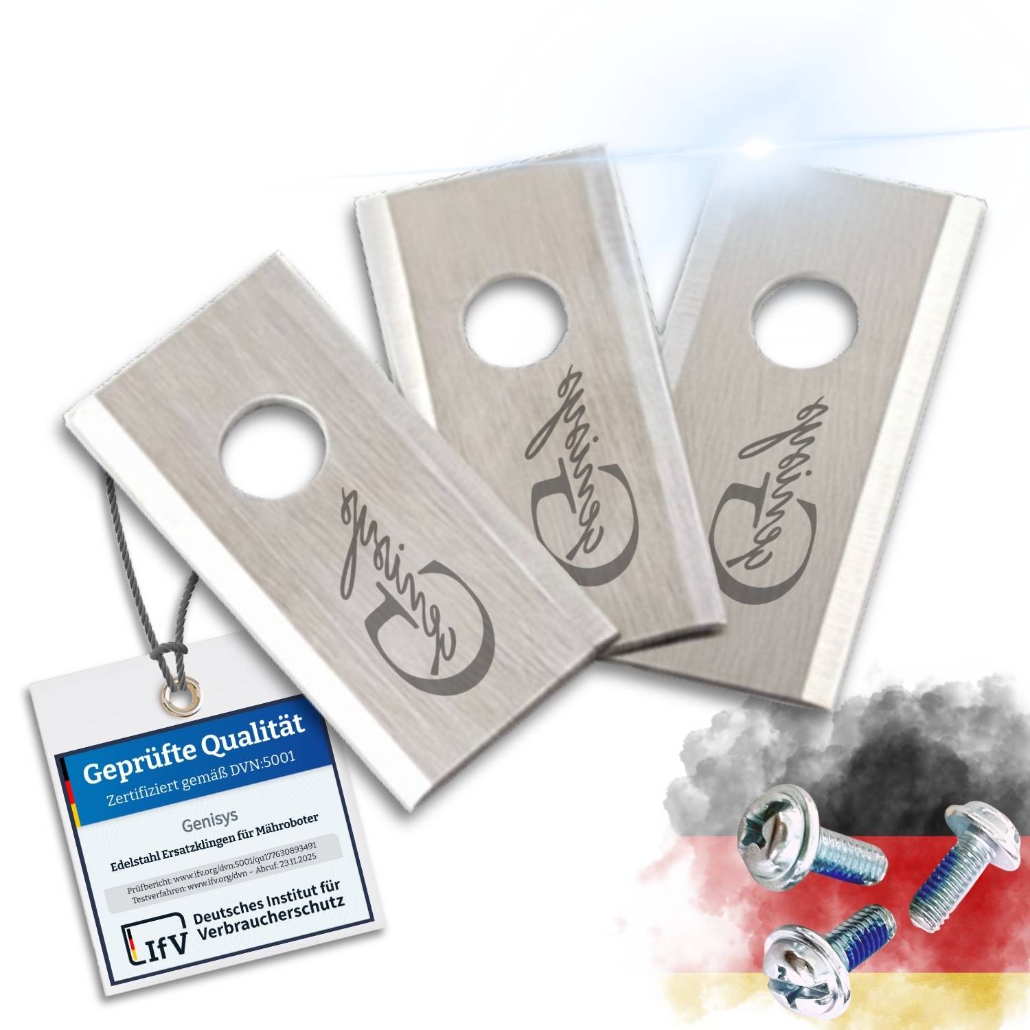 Genisys Edelstahl Messer Klingen kompatibel für PARKSIDE Smart Mähroboter PMRA PMRDA - LongLife - 1-Loch bruchsicher [DIN EN 50636 geprüft] - mit