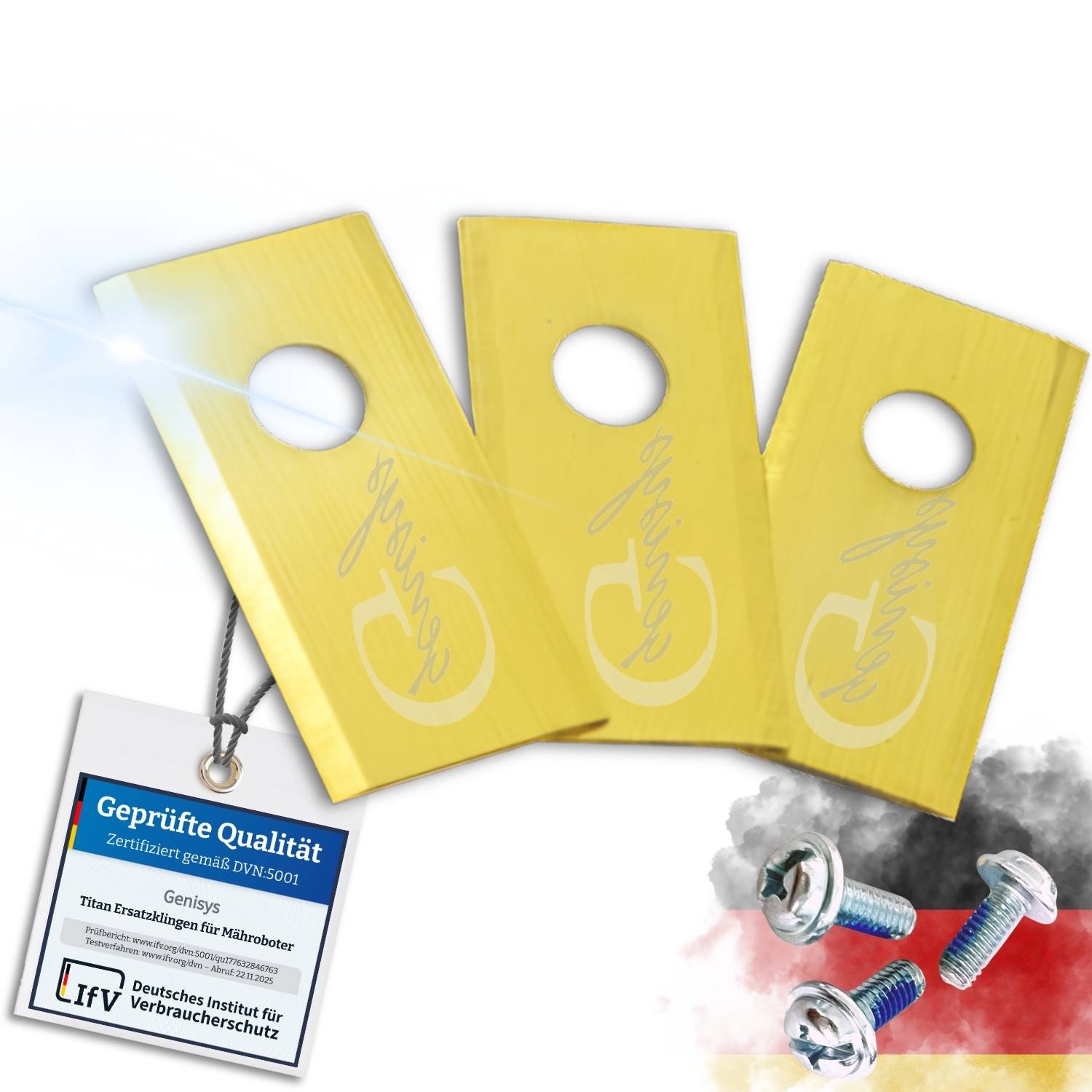 Drei gelbe rechteckige Metallteile mit Löchern, beschriftet mit „Genius