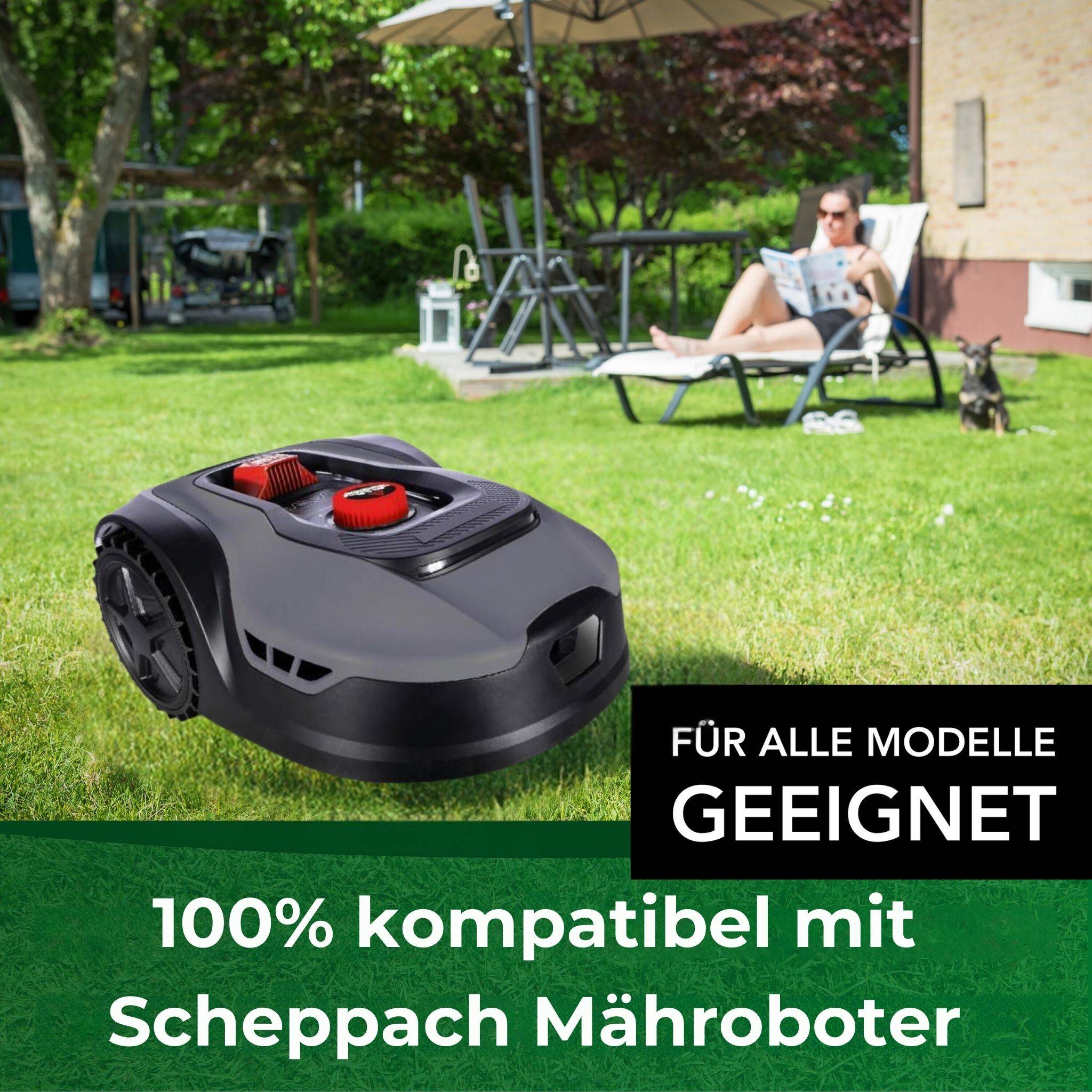 Ein Rasenmähroboter sitzt auf Gras in einem Garten. Eine Person entspannt sich auf einem Stuhl im Hintergrund. Der Text lautet „100% kompatibel mit Scheppach Mähroboter.