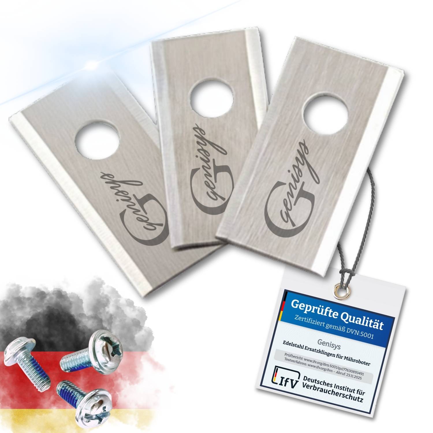 Drei Metallklingen mit einem kreisförmigen Loch und der Aufschrift „Genisys