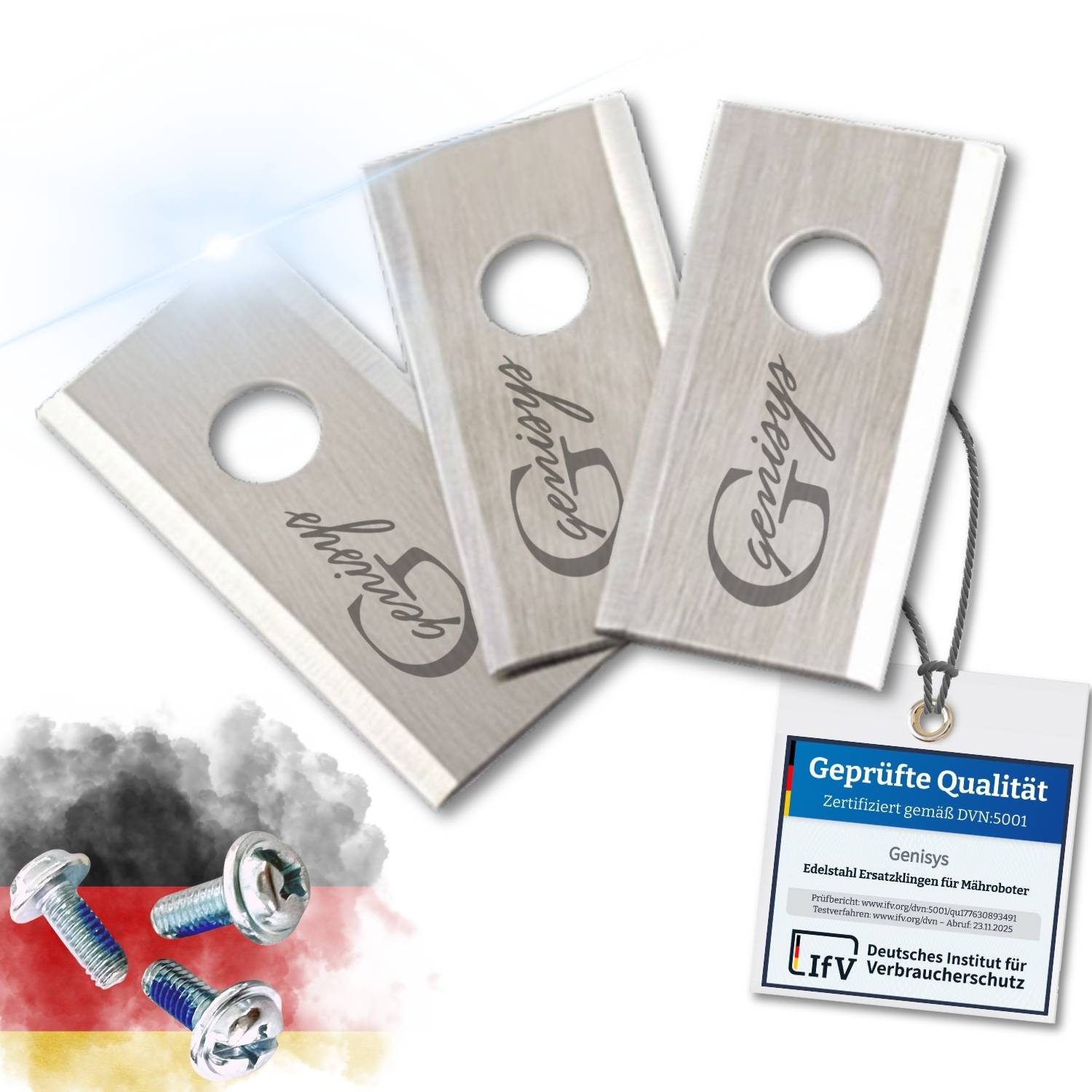 Genisys' Edelstahlprodukte mit Etikett, das die Zertifizierung 'Geprüfte Qualität, Zertifiziert gemäß DIN-5001' vom DIN Deutsches Institut zeigt. Deutscher Flaggenhintergrund.