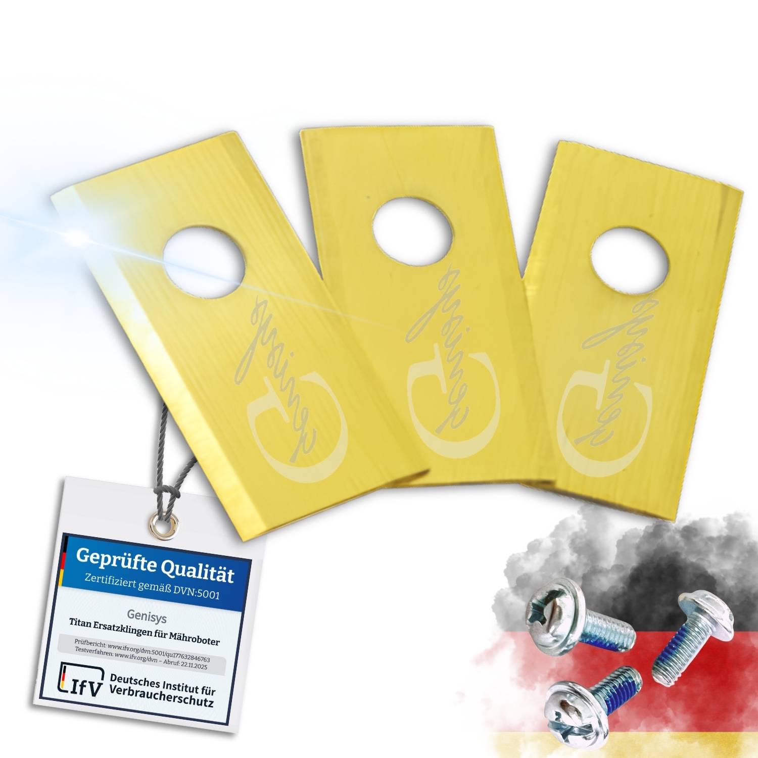 Genisys' Metallbohrer-Bild; zeigt ein Zertifizierungsetikett für Qualitätssicherung mit Schrauben und Befestigungsplatten auf einem rauchigen Hintergrund.