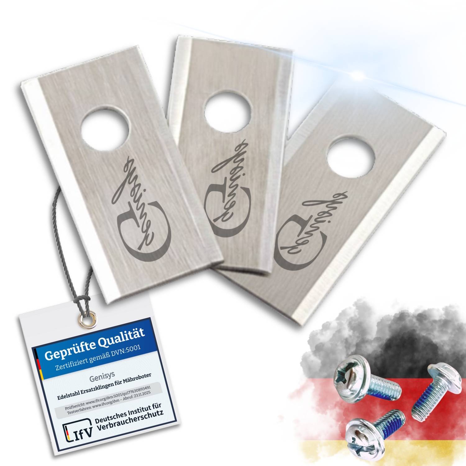 Genisys Edelstahl Ersatz Messer Klingen kompatibel mit Einhell Freelexo Mähroboter - LongLife - 1-Loch bruchsicher [DIN EN 50636 geprüft],18,Stück