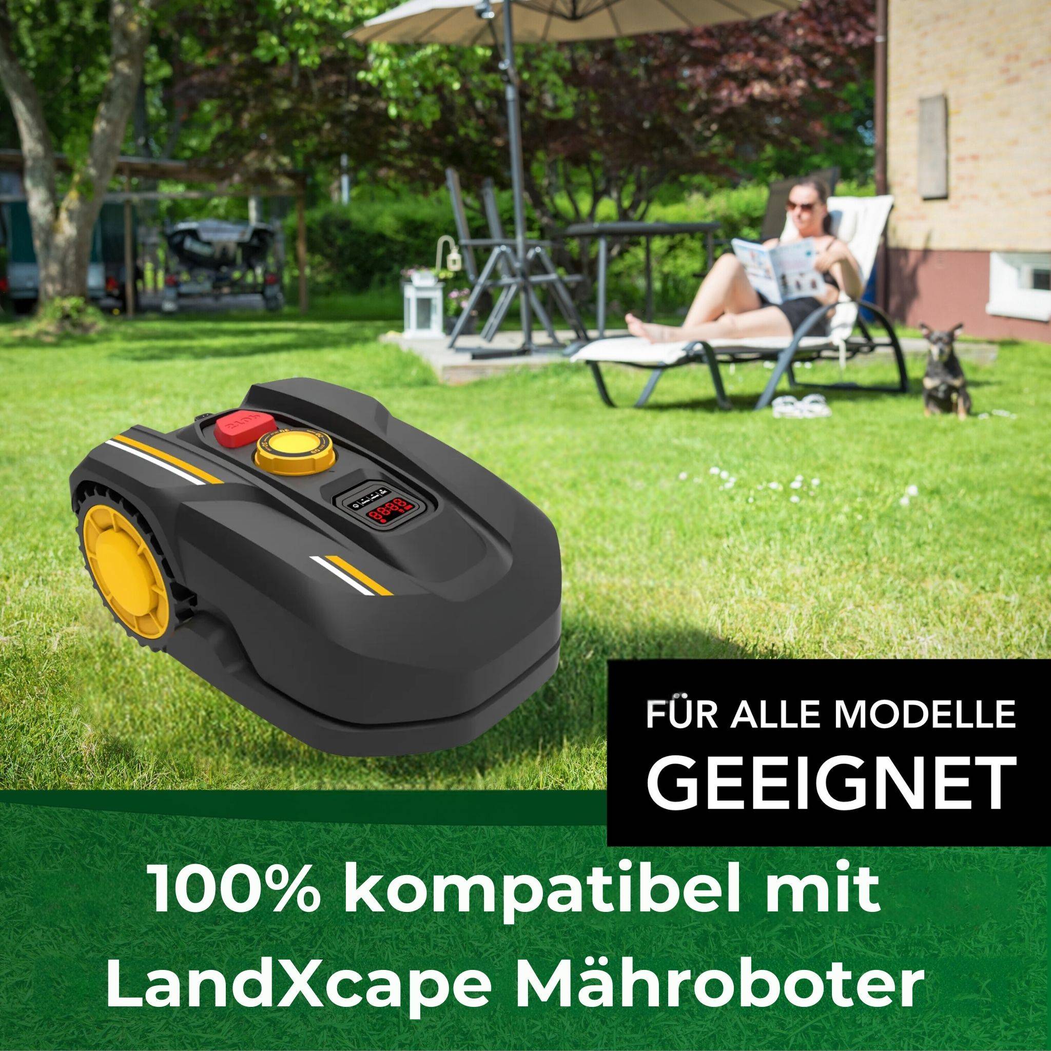 Ein Rasenroboter bewegt sich auf Gras, während eine Person sich im Hintergrund entspannt. Der Text lautet: „100 % kompatibel mit LandXcape Mähroboter