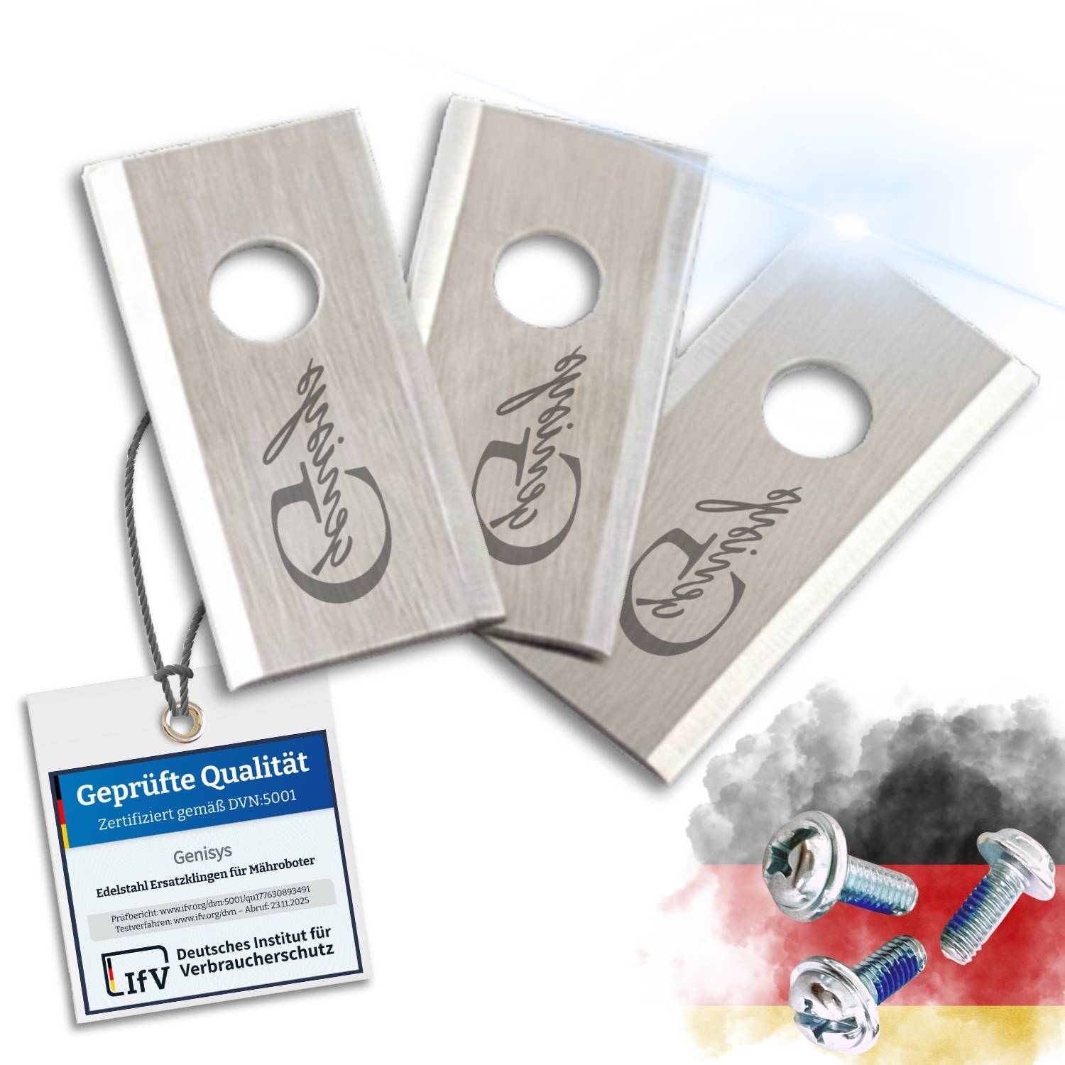 Genisys Edelstahl Ersatz Messer Klingen kompatibel mit Kress Mission RTK Mähroboter - LongLife - 1-Loch bruchsicher [DIN EN 50636 geprüft],9,Stück
