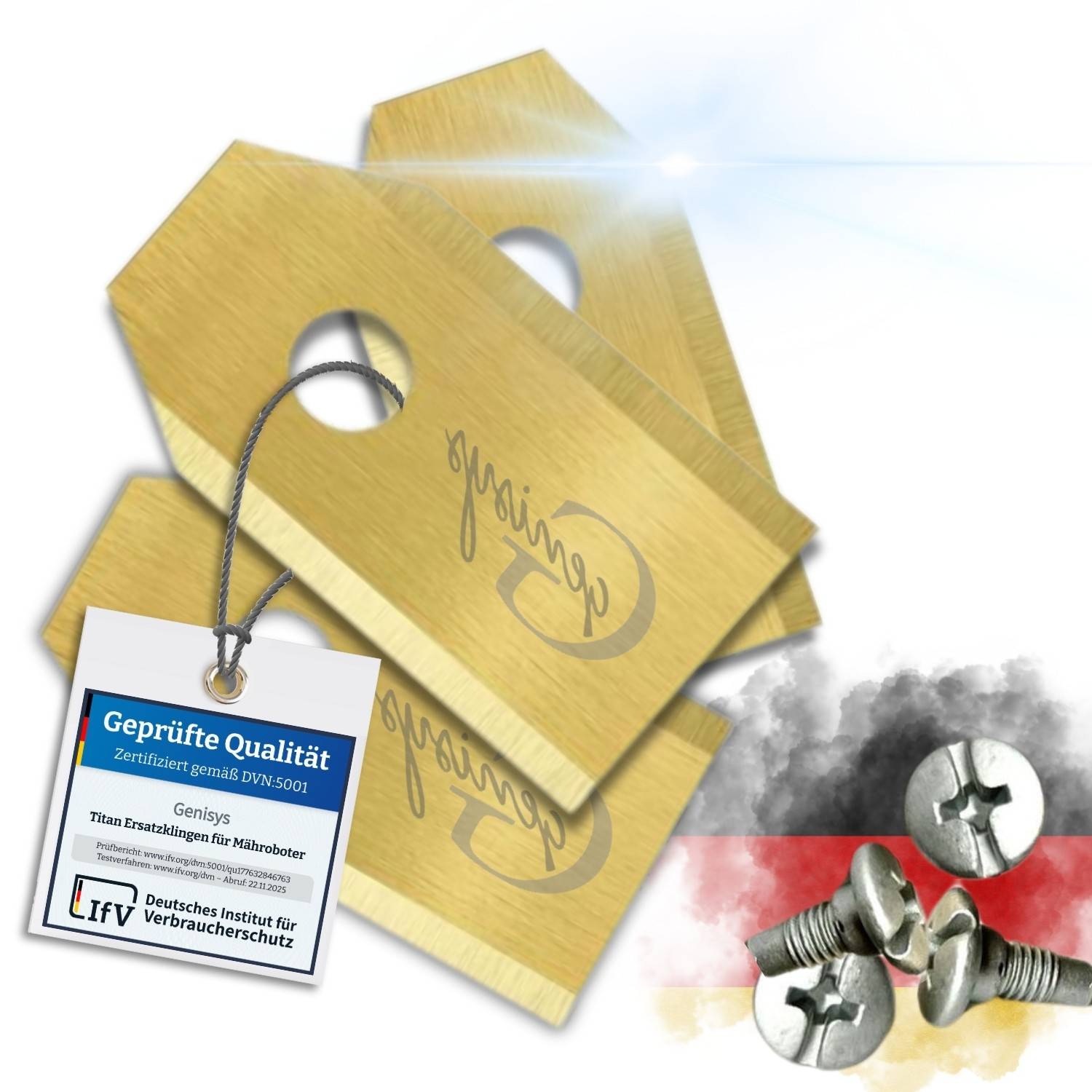 Messingklinge-ähnliche Aufsätze mit kreisförmigem Loch und eingraviertem Text, gekennzeichnet mit 'Geprüfte Qualität', was auf Teststandards hinweist.