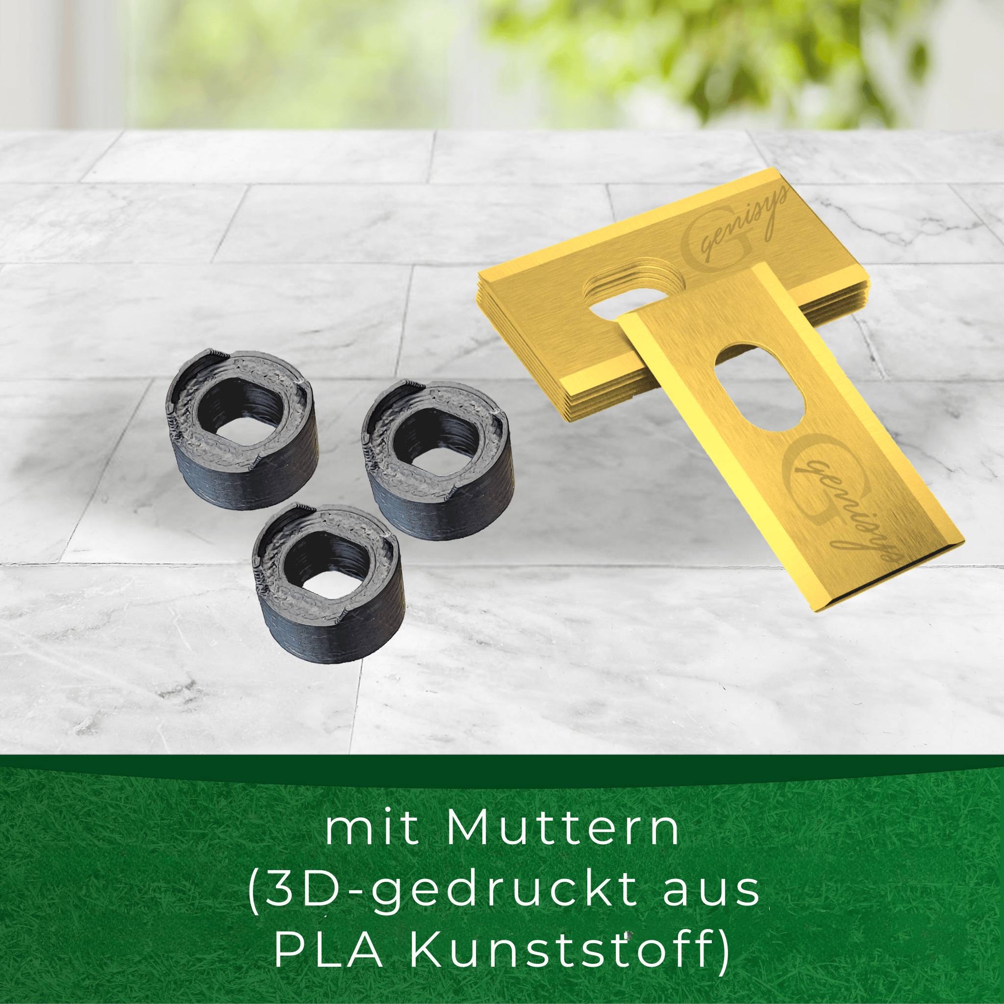 Ein gelber Türstopper mit dem Markennamen wird neben drei schwarzen kunststoff-3D-gedruckten Streifen mit Muttern gezeigt. Text: mit Muttern (3D-gedruckt aus PLA Kunststoff).