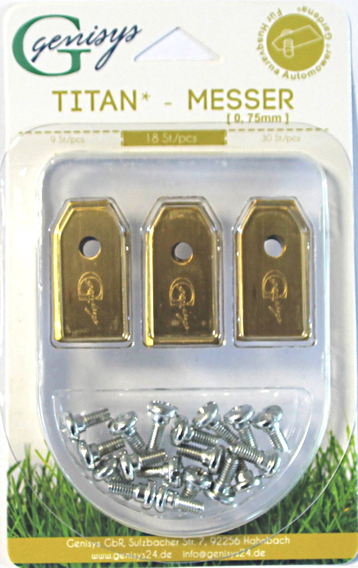 18 TITAN Ersatz Messer Klingen kompatibel für Husqvarna Automower ® / Gardena Mähroboter (longlife - 0,75 mm - 3 g) + Schrauben,Stück