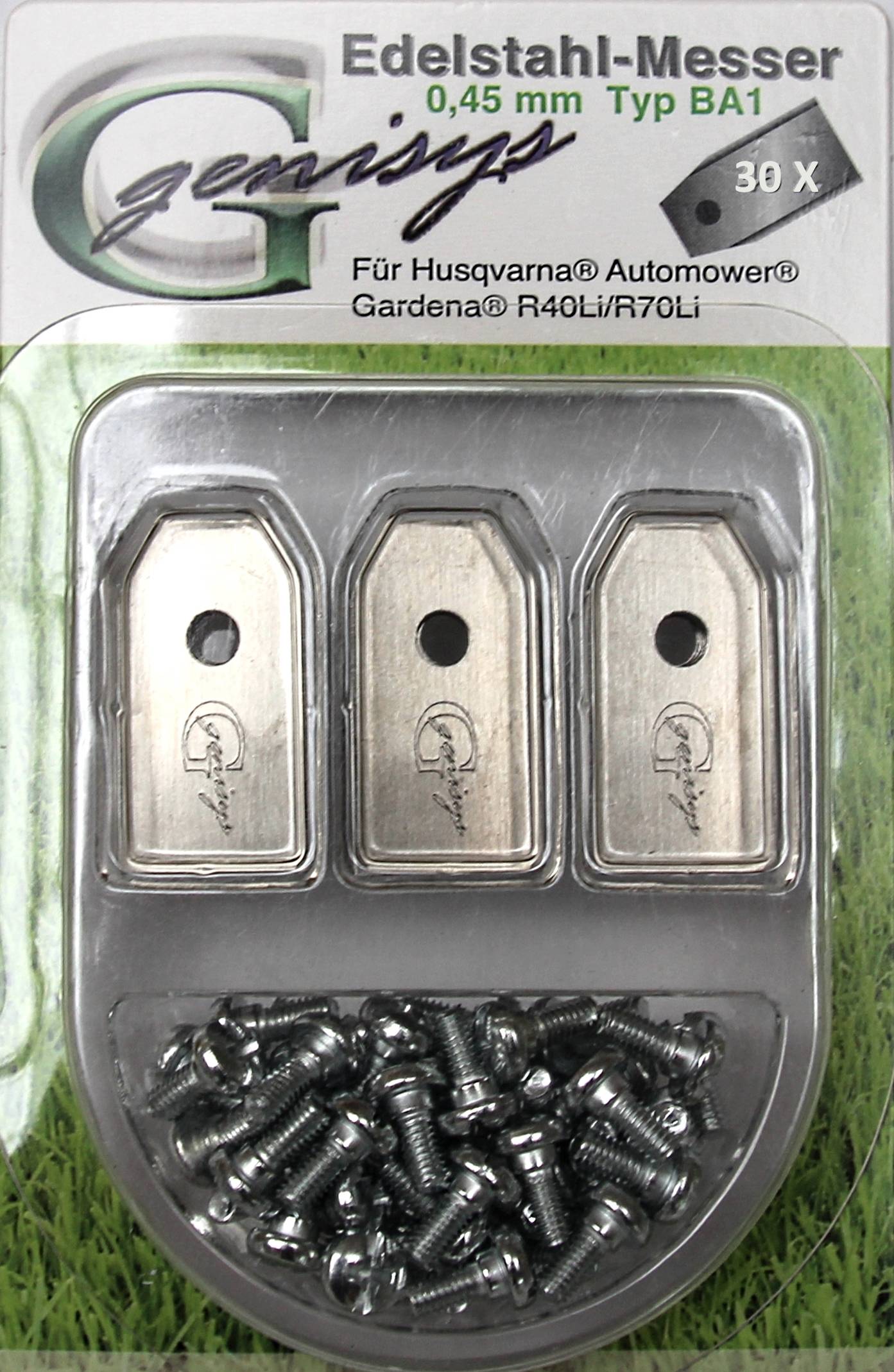 30 Ersatz Messer Klingen kompatibel für Husqvarna ® Automower ® / Gardena Mähroboter Typ BA1: 0,45mm + Schrauben,Stück