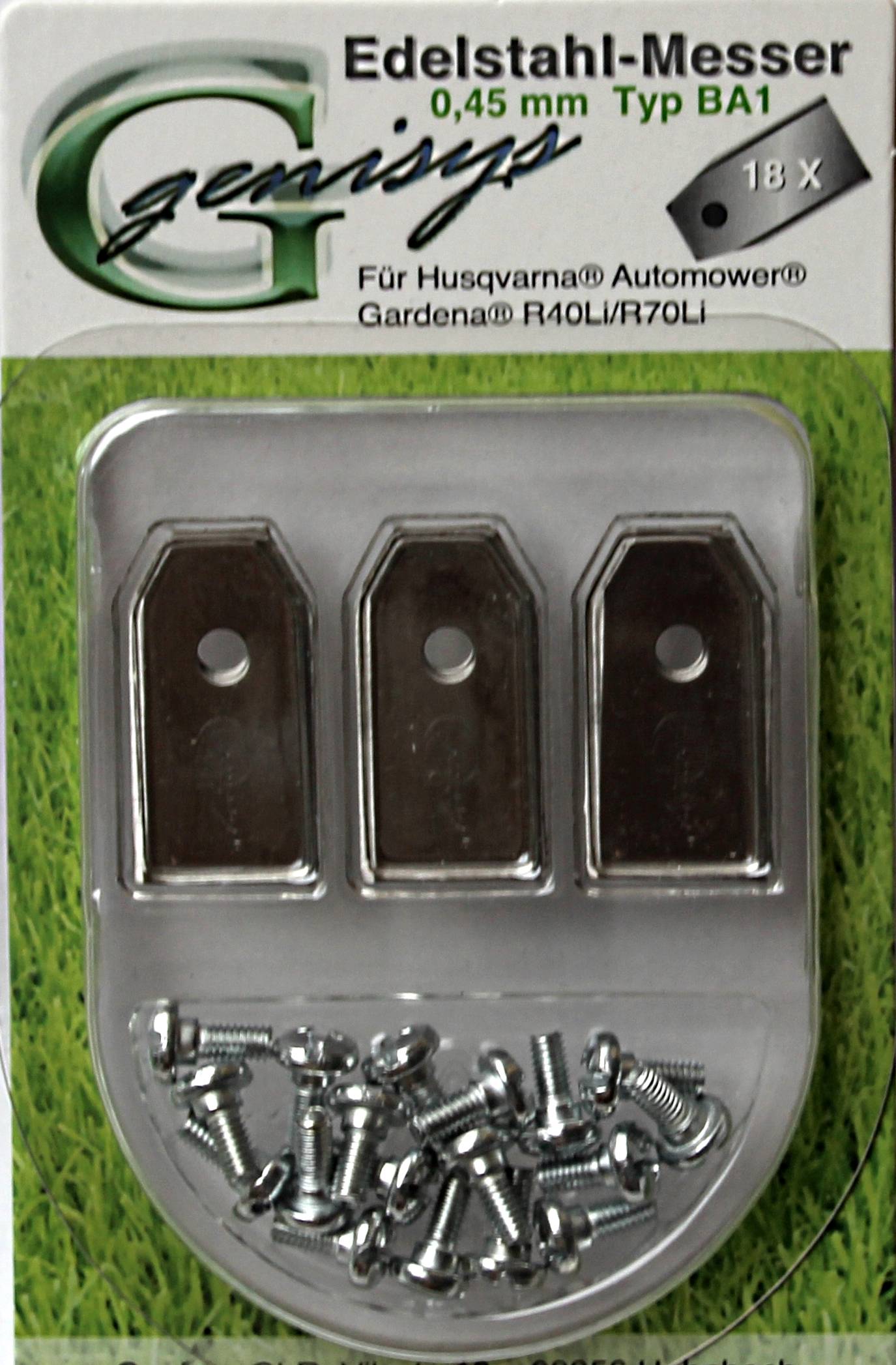 18 Ersatz Messer Klingen kompatibel für Husqvarna Automower ® / Gardena Mähroboter Typ BA1: 0,45mm + Schrauben,Stück
