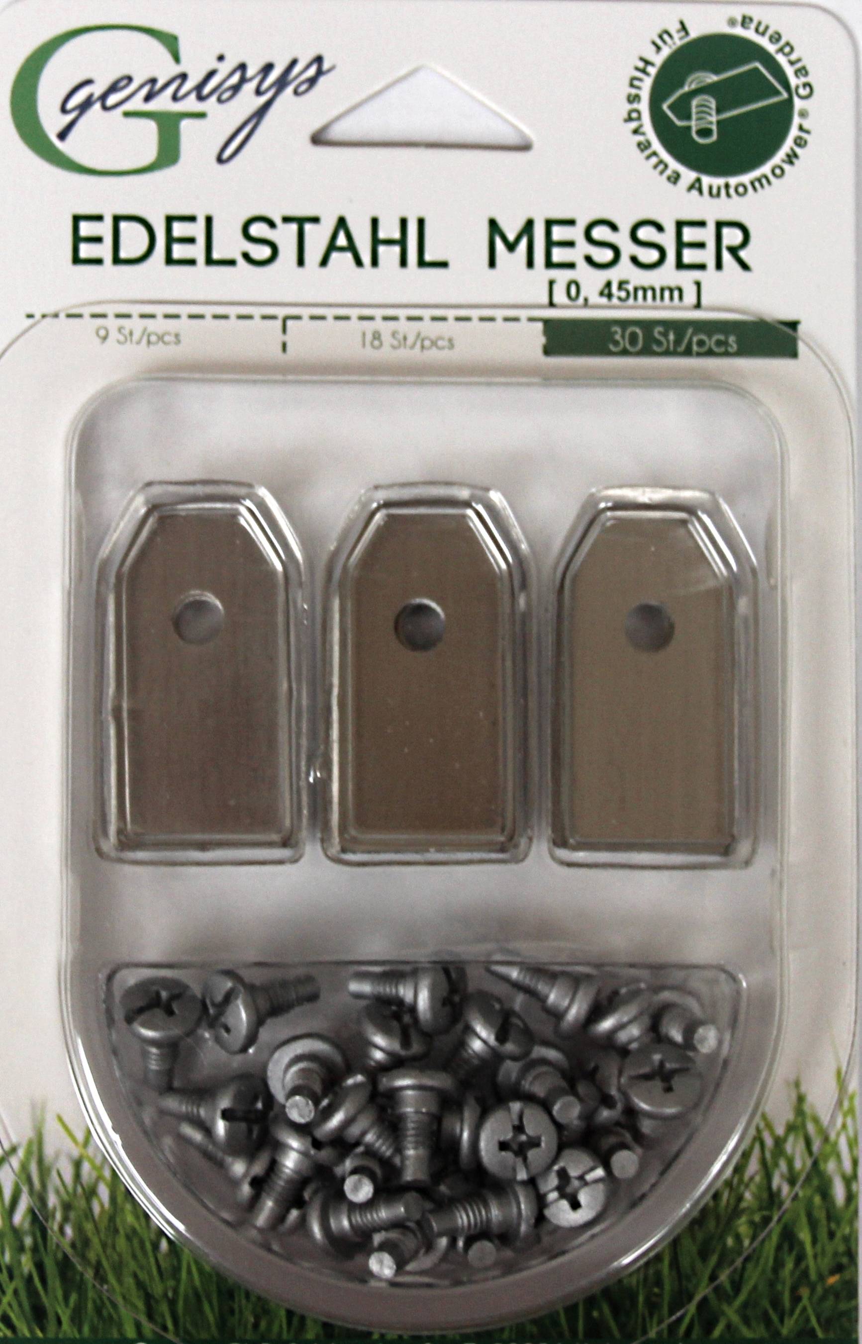 30x Ersatz Messer Klingen kompatibel für Husqvarna Automower ® / Gardena Mähroboter (0,45 mm - 1,8 g) + 30x ELOXIERTE Schrauben NEU,Stück