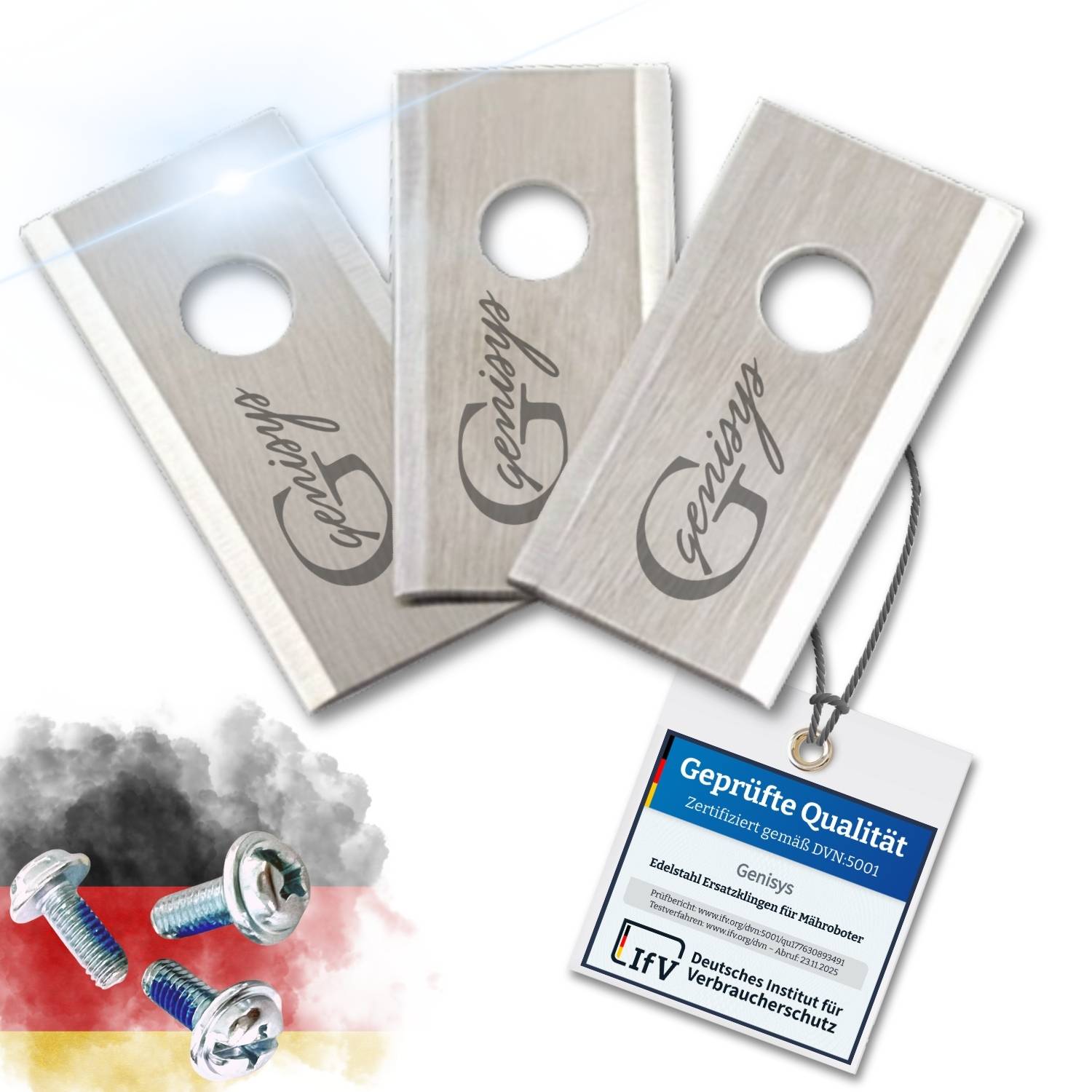 Genisys 30 Ersatz Messer Klingen kompatibel mit LANDROID von WORX (1-Loch - HQ - longlife - 0,9 mm) + Schrauben [DIN EN 50636 geprüft],Stück