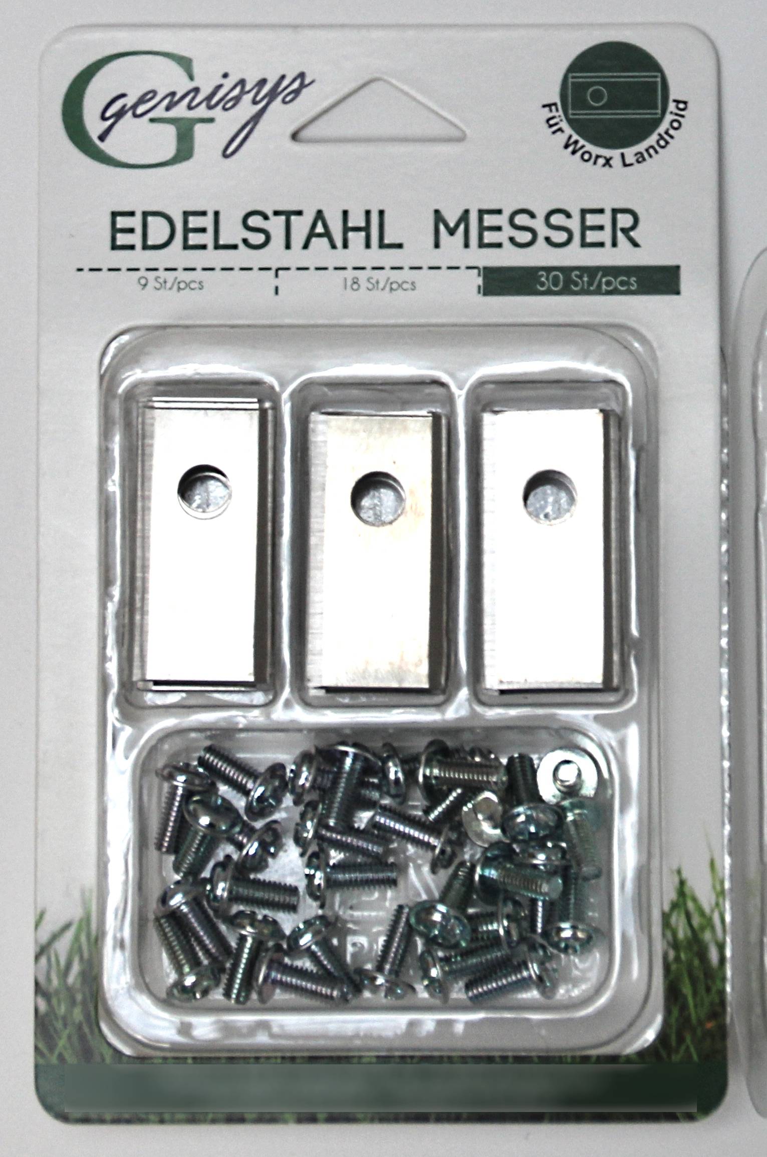 Genisys 30 Ersatz Messer Klingen kompatibel mit LANDROID von WORX (1-Loch - HQ - longlife - 0,9 mm) + Schrauben [DIN EN 50636 geprüft],Stück