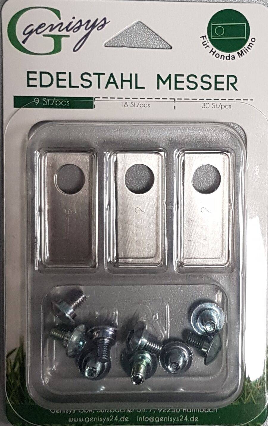 Genisys 9 Ersatz Messer Klingen (LongLife - 0,75mm) + 9 Schrauben [DIN EN 50636 geprüft] kompatibel mit Honda Miimo 310 520 3000,9,Stück