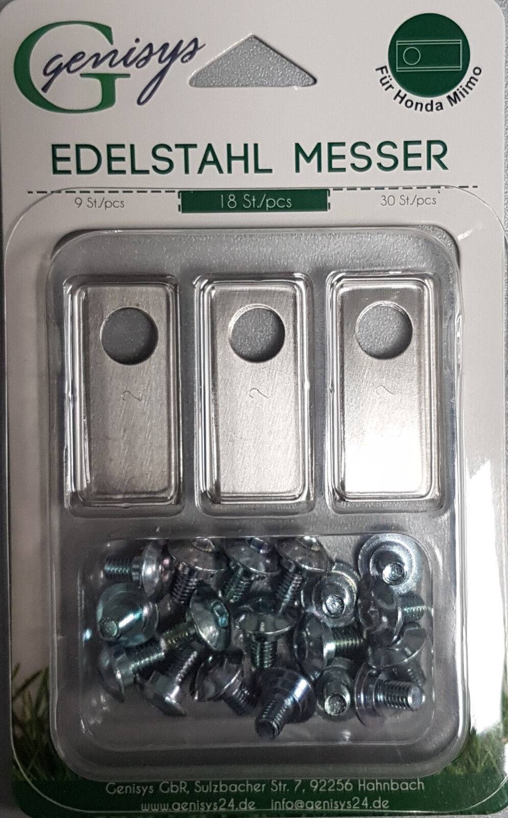 Genisys 18 Ersatz Messer Klingen (LongLife - 0,75mm) + 30 Schrauben [DIN EN 50636 geprüft] kompatibel mit Honda Miimo 310 520 3000,18,Stück