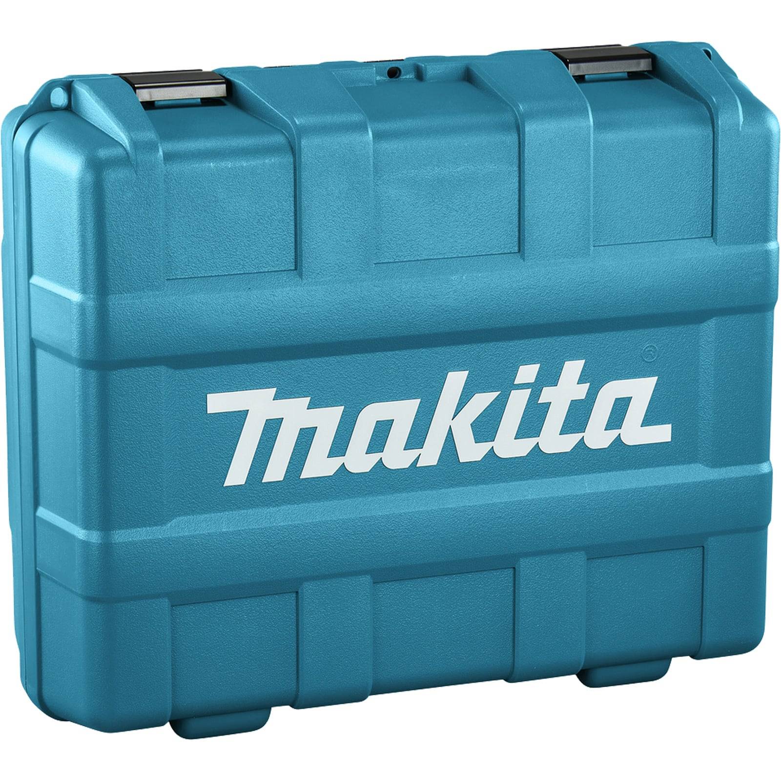 Blauer Makita-Werkzeugkoffer mit fettem weißem Logo an der Vorderseite, mit robuster Kunststoffkonstruktion und praktischem Griff oben.