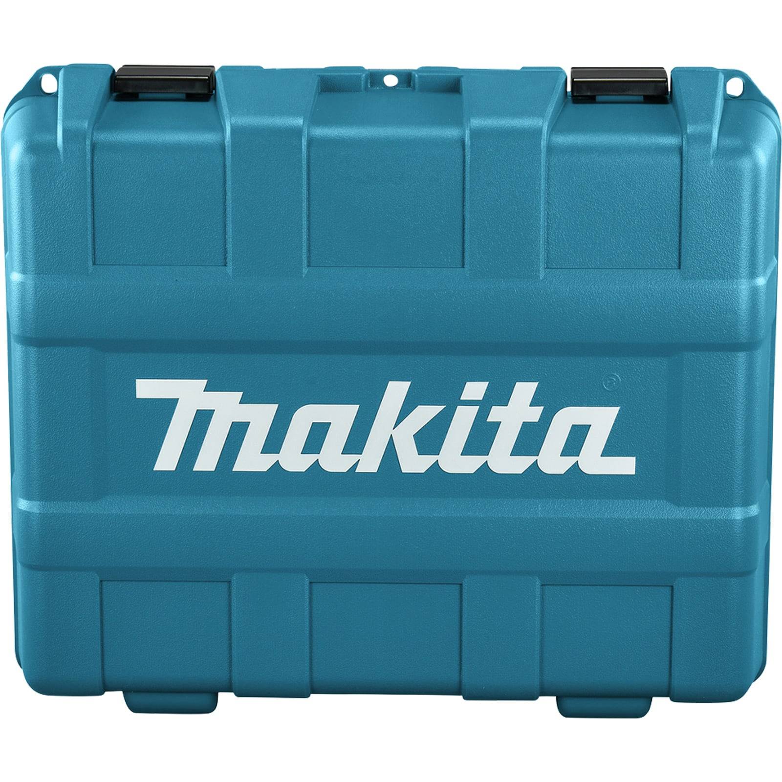 Ein blauer Makita-Werkzeugkasten mit Griff, auf dessen Vorderseite das weiße Makita-Logo prominent angebracht ist.