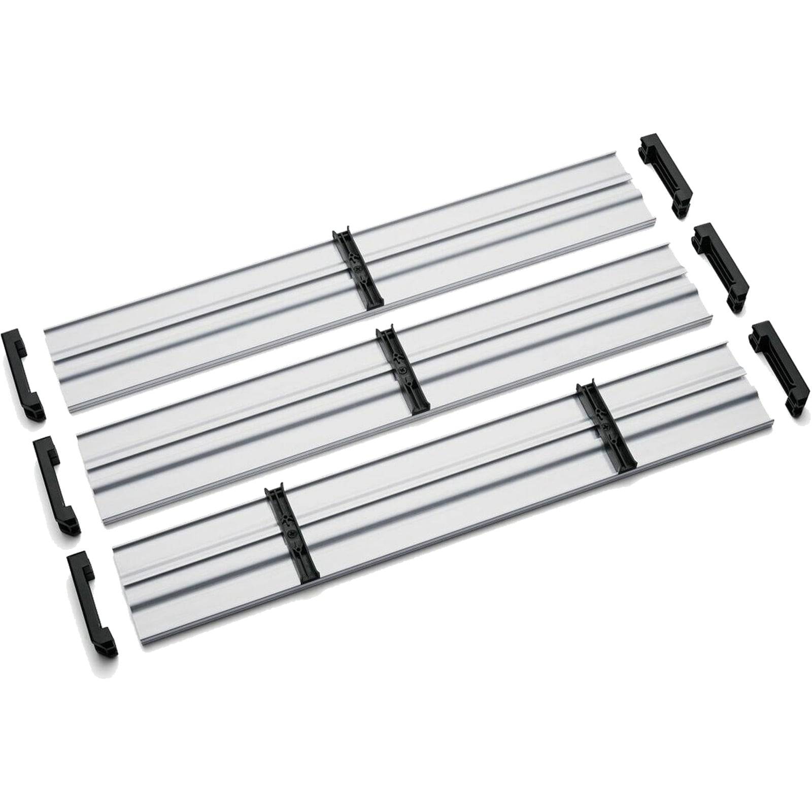 Schubladensystem-Set mit drei Aluminiumschienen und schwarzen Montageklammern für anpassungsfähige Installation und Organisation.