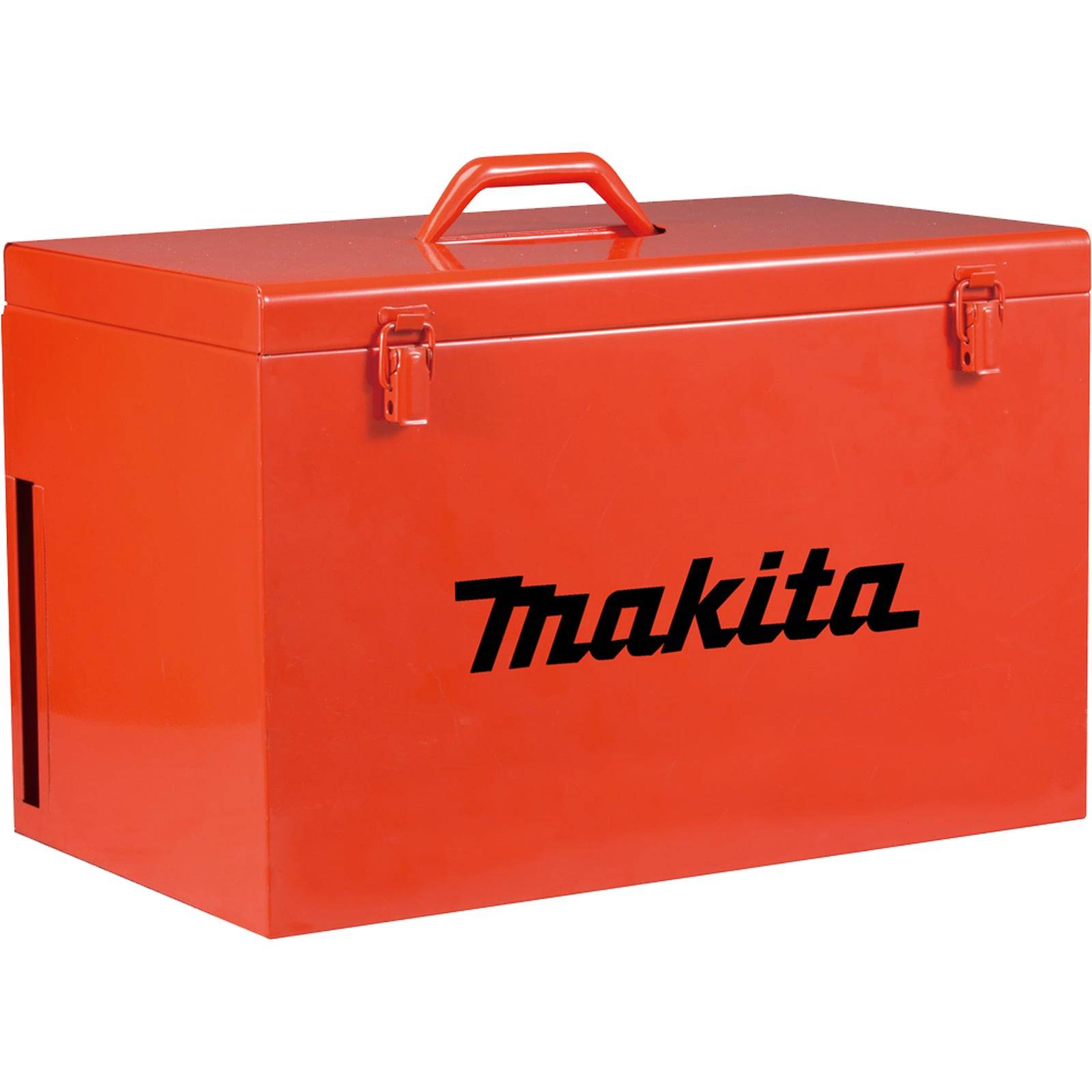 Rote rechteckige Werkzeugbox mit einem Griff oben und dem Wort 'Makita' in Schwarz, was auf eine Marke hinweist, die typischerweise mit Werkzeugen in Verbindung gebracht wird.