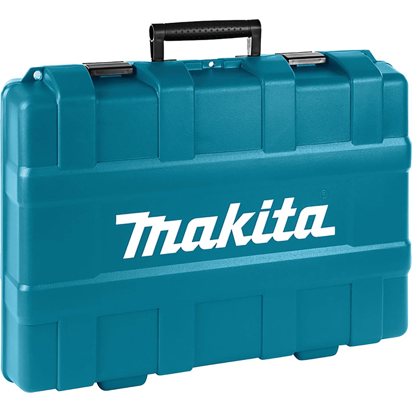 Ein blauer Makita Werkzeugkoffer mit einem schwarzen Griff und weißem Makita-Logo auf der Vorderseite.