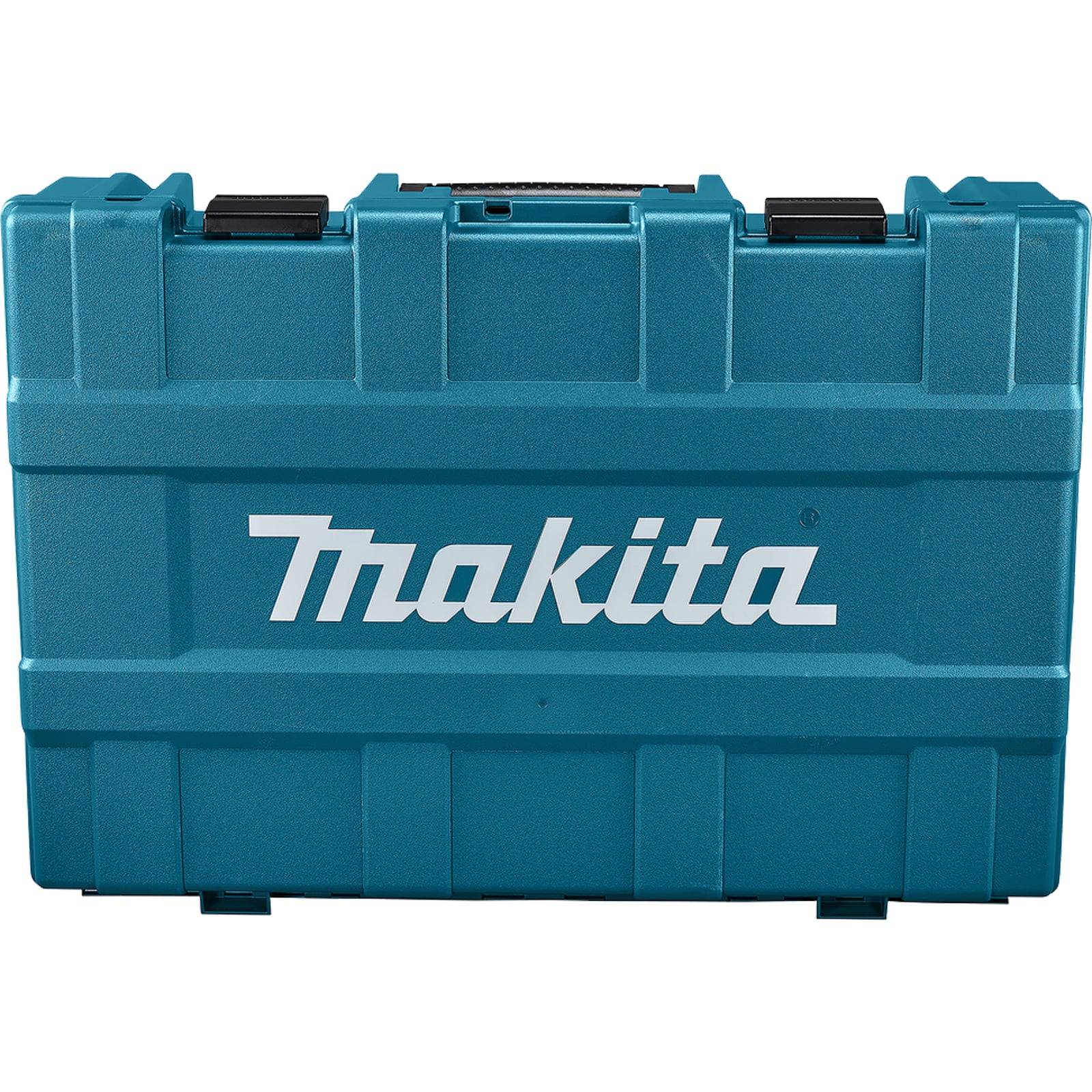Ein türkisfarbener Makita Werkzeugkoffer mit einem weißen 'Makita' Logo auf der Vorderseite, entwickelt zum sicheren Aufbewahren und Transportieren von Werkzeugen.