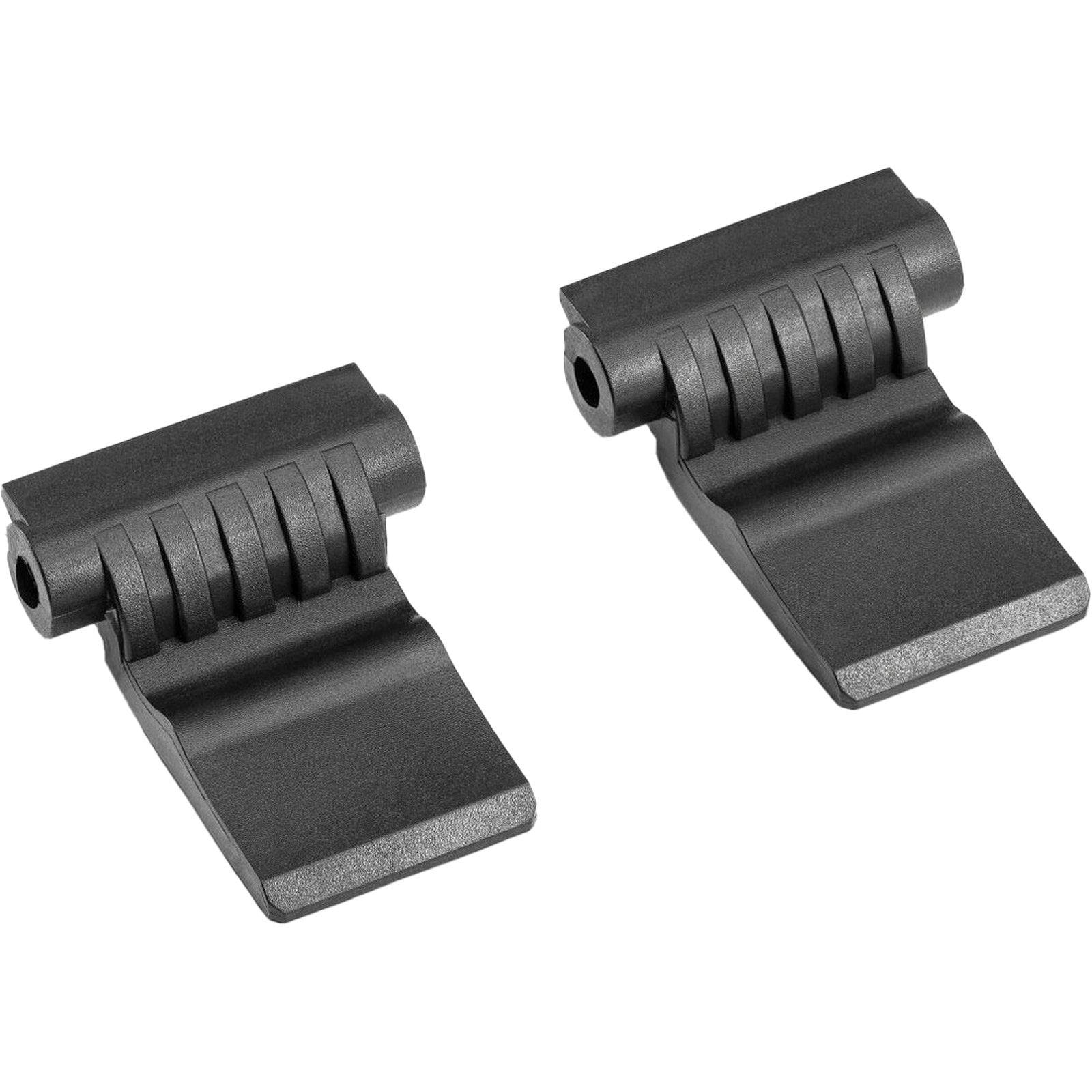 Zwei schwarze Metallscharnierbeschläge mit abgerundeten Kanten, die Rillen zur Befestigung aufweisen, werden auf einem weißen Hintergrund präsentiert.