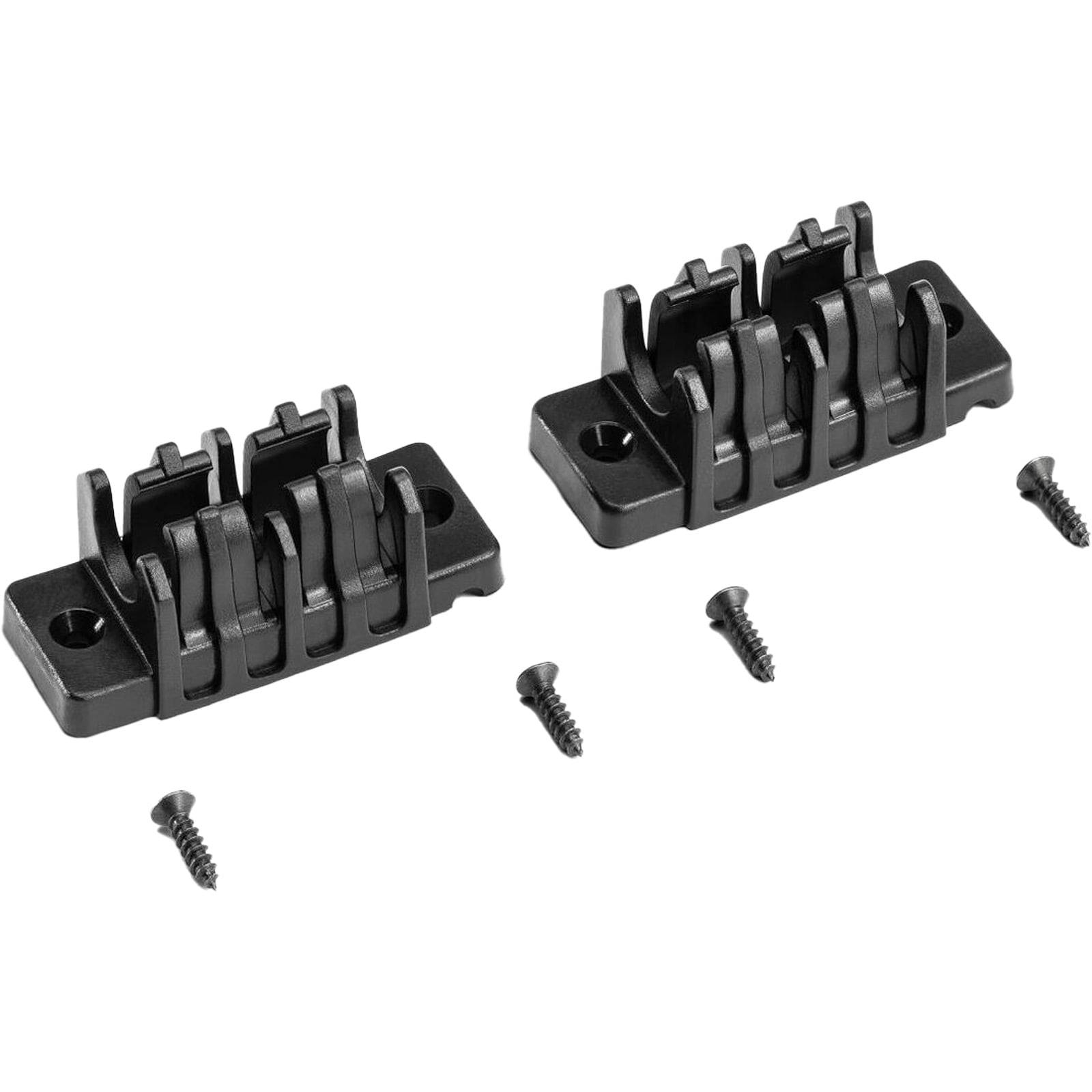 Zwei schwarze Werkzeughalter mit vier leichten Schrauben. Jeder Halter verfügt über eine Basis mit zwei Clips zum Befestigen von Werkzeugen.