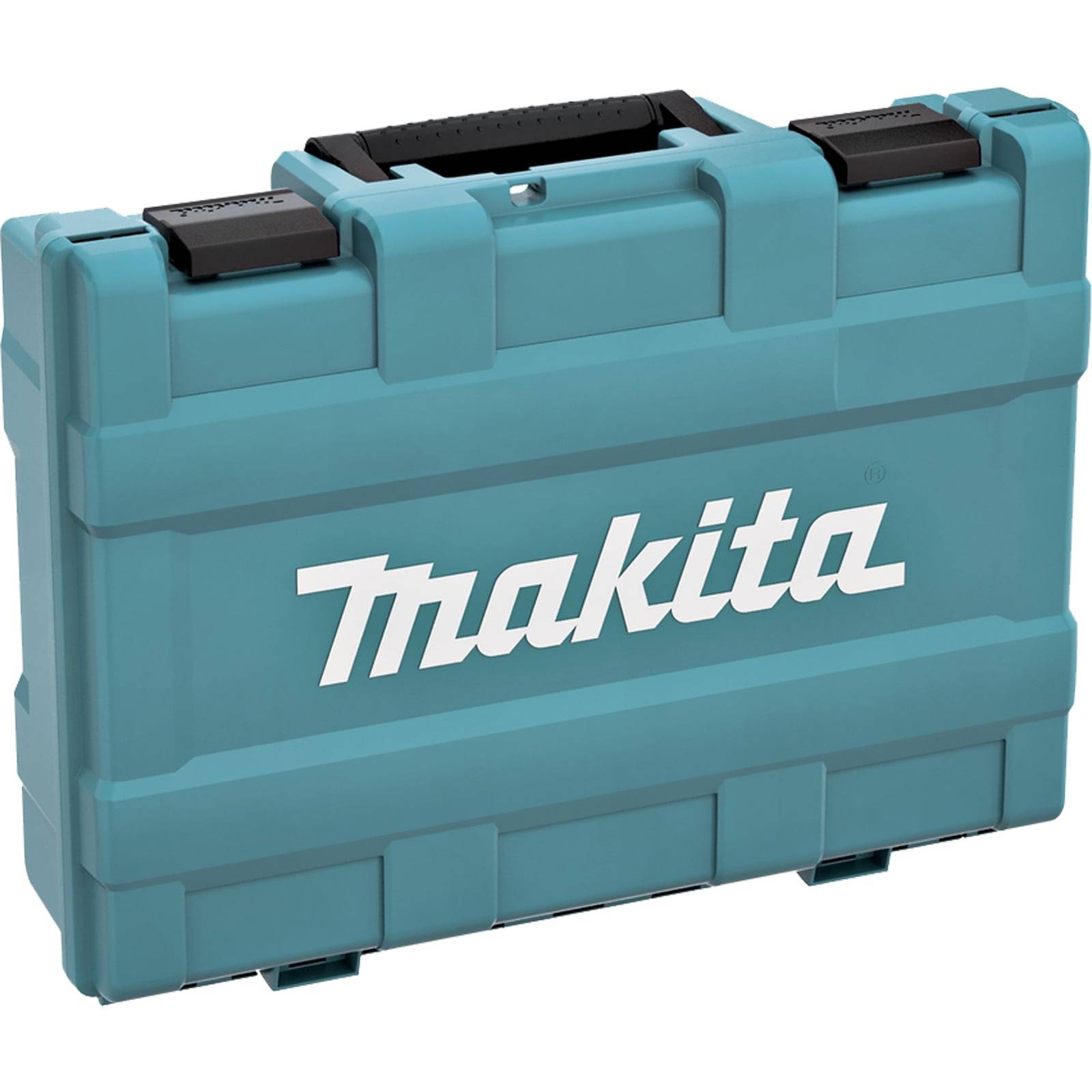 Ein blauer Werkzeugkoffer mit dem 'Makita' Logo in weißer Schrift. Er verfügt über einen stabilen Griff und Verschlussriegel, die Mobilität und Robustheit signalisieren.