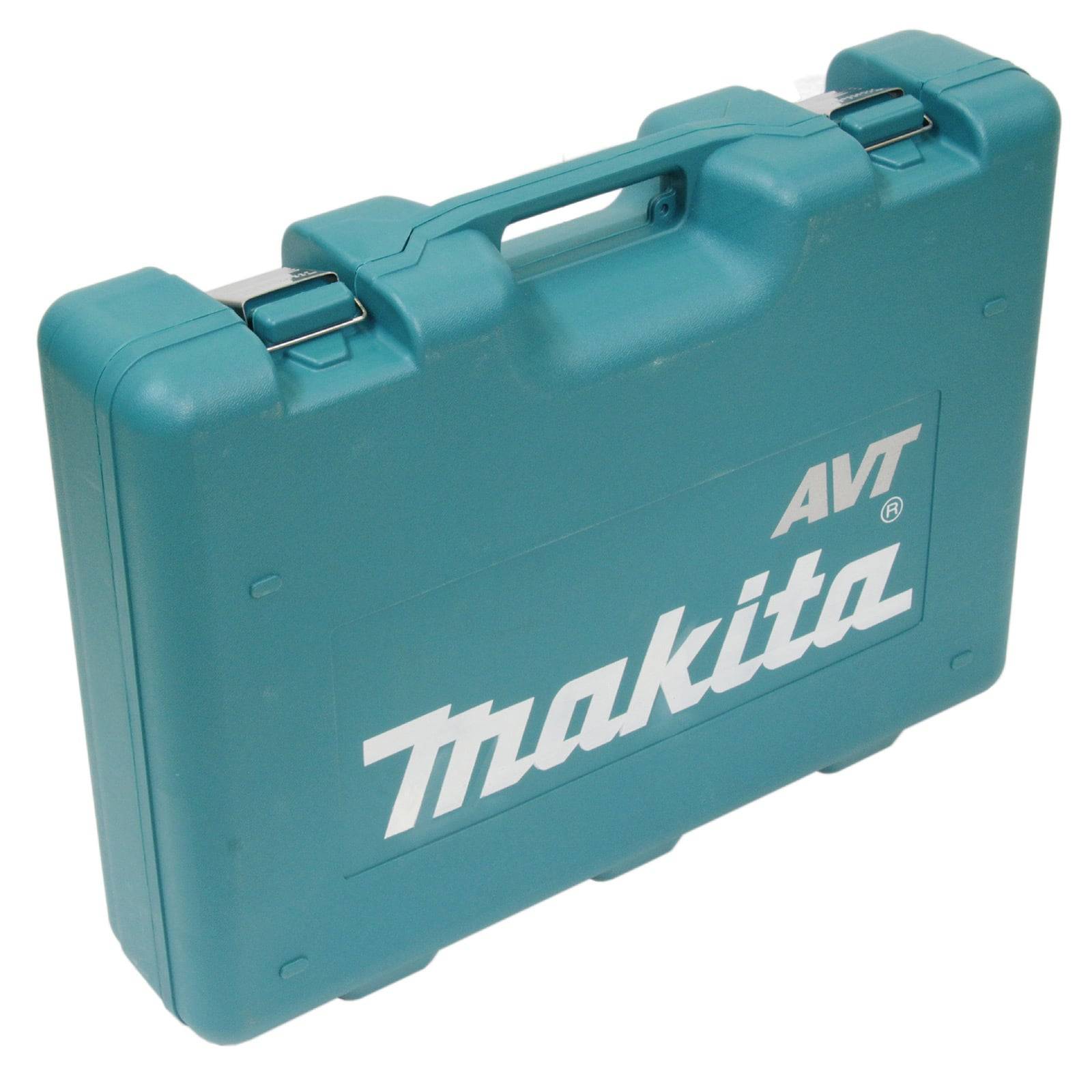 Ein blauer Makita-Transportkoffer mit Griff, auf der Vorderseite mit 