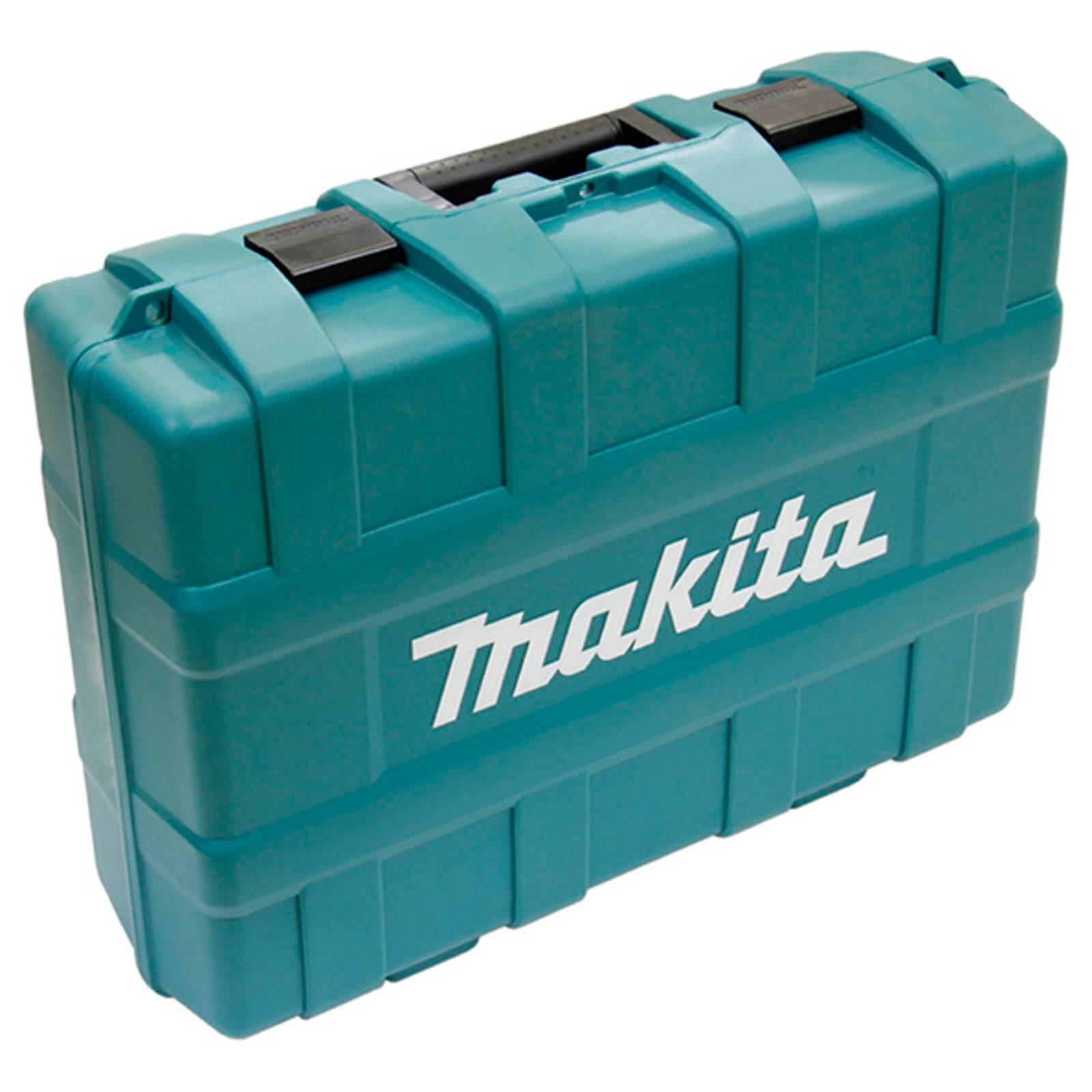 Petrolfarbener Makita Werkzeugkoffer mit einem schwarzen Griff, auf dessen Seite der Markenname prominent zu sehen ist.
