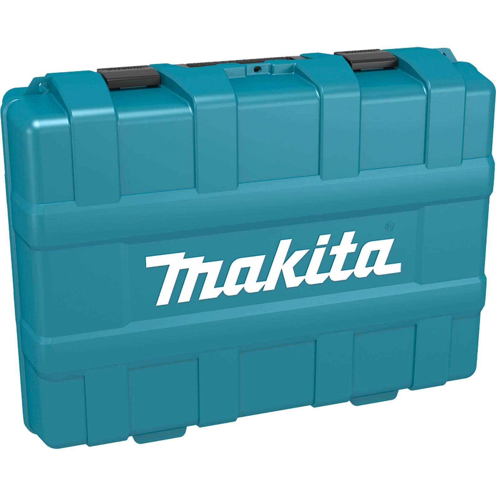 Ein blauer Makita-Werkzeugkoffer aus hartem Kunststoff mit schwarzen Verschlüssen, der zum sicheren Aufbewahren und Transportieren von Werkzeugen verwendet wird.